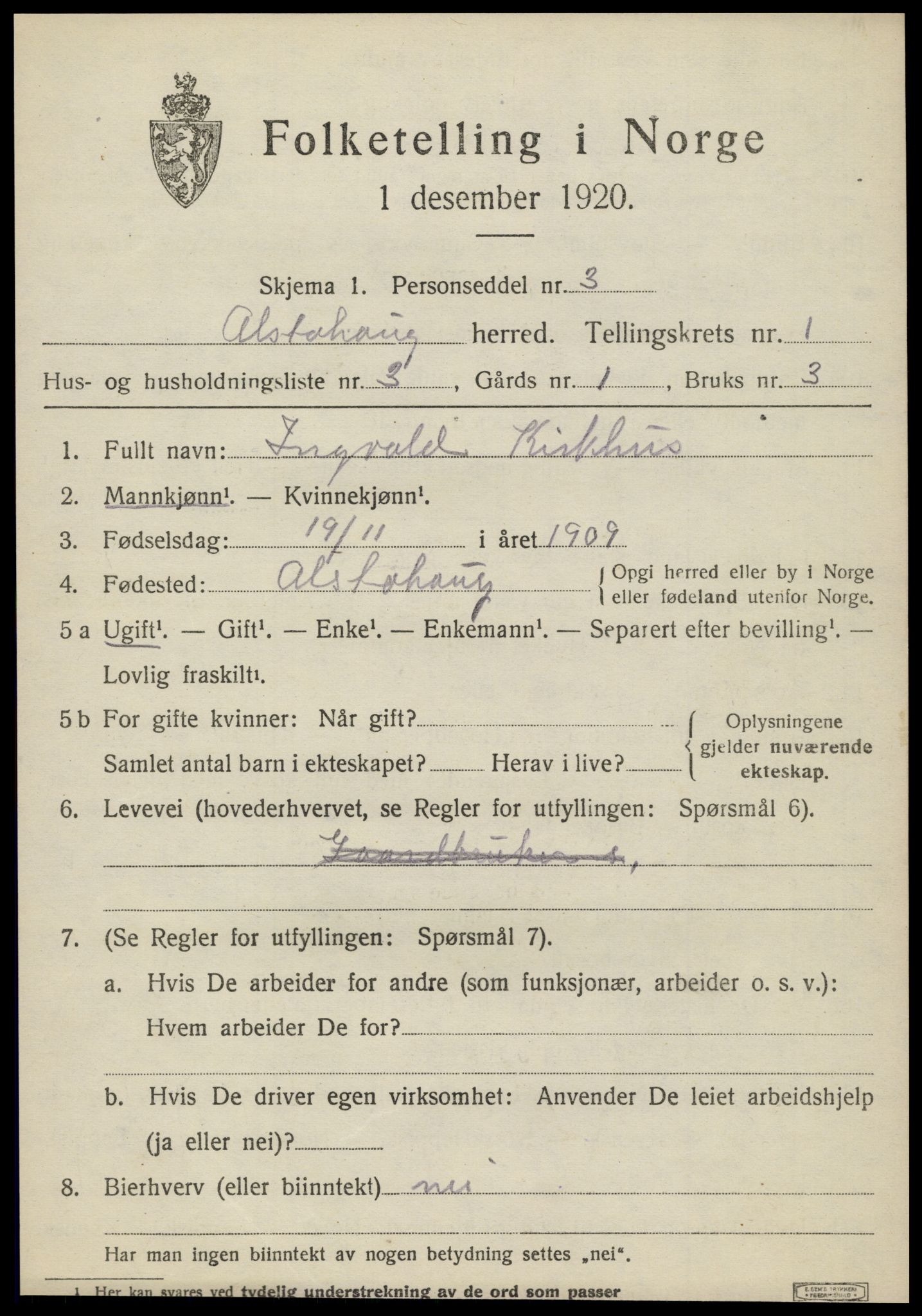 SAT, 1920 census for Alstahaug, 1920, p. 601