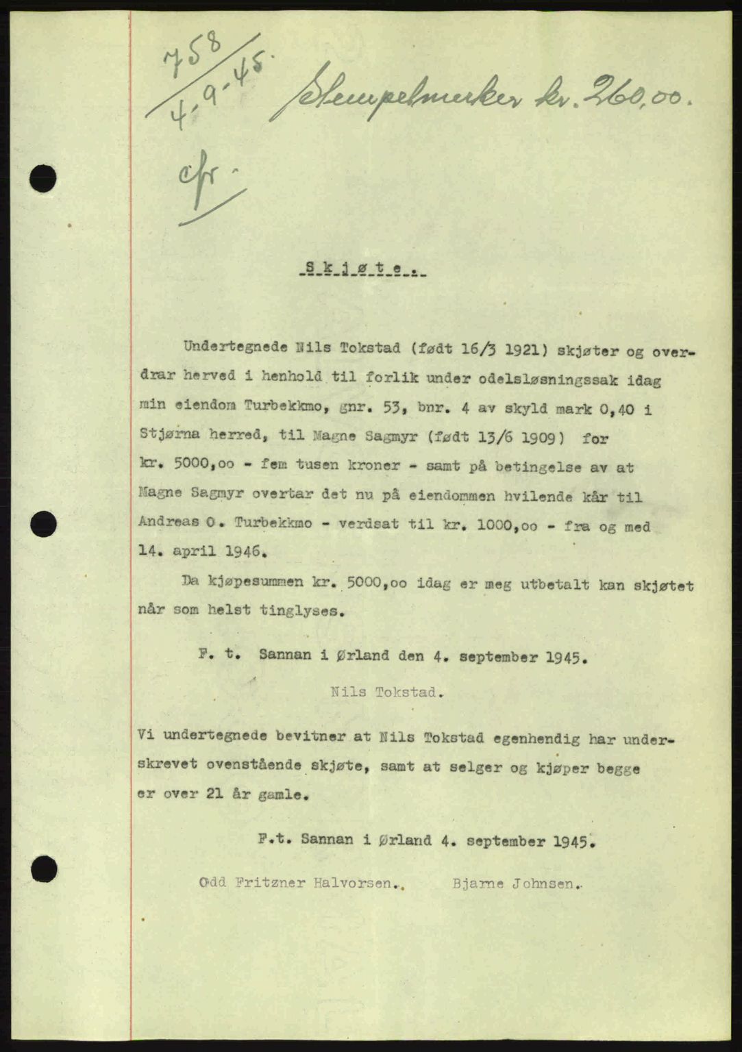 Fosen sorenskriveri, AV/SAT-A-1107/1/2/2C: Mortgage book no. A3, 1943-1945, Diary no: : 758/1945