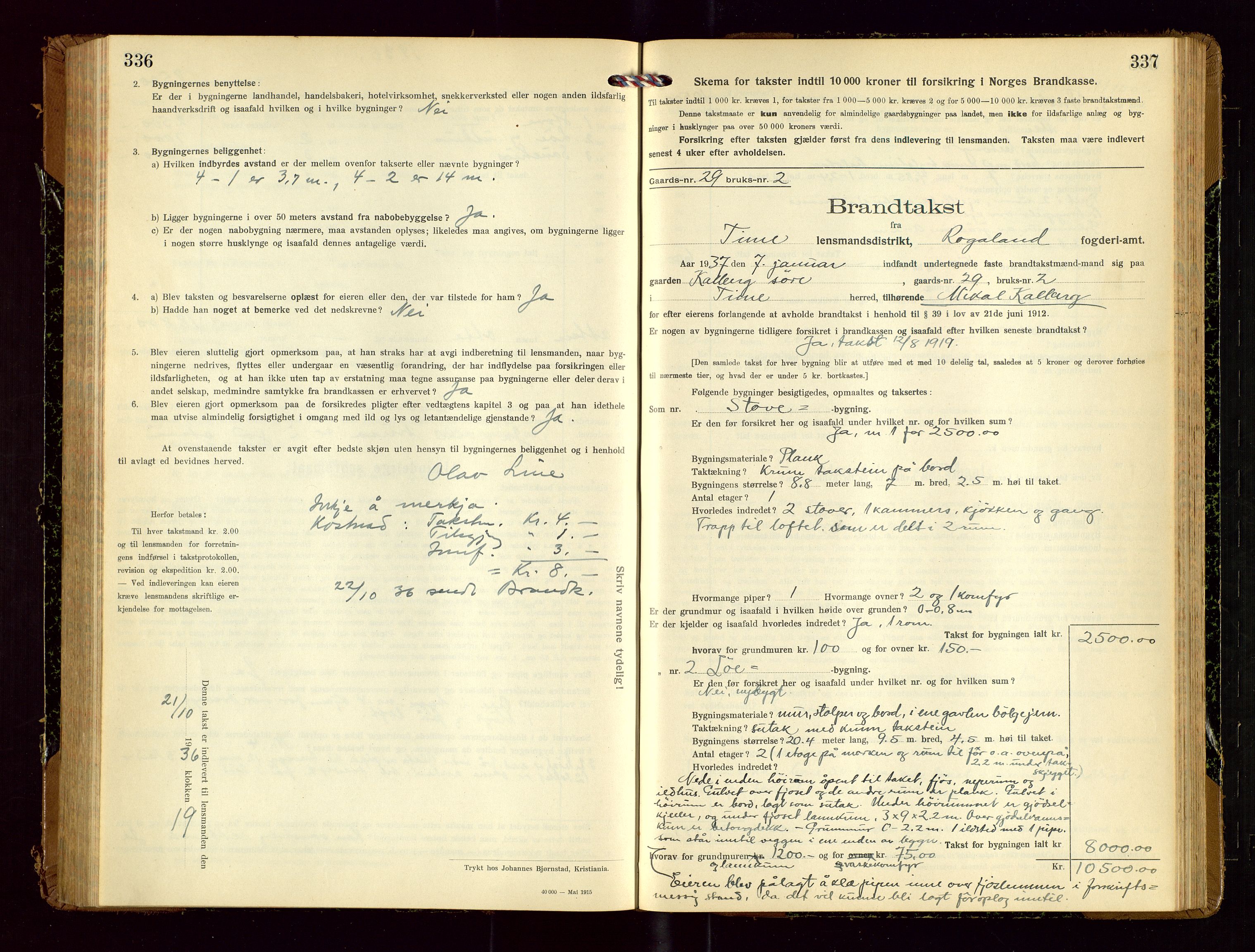 Time lensmannskontor, SAST/A-100420/Gob/L0002: Branntakstprotokoll, 1919-1952, p. 336-337