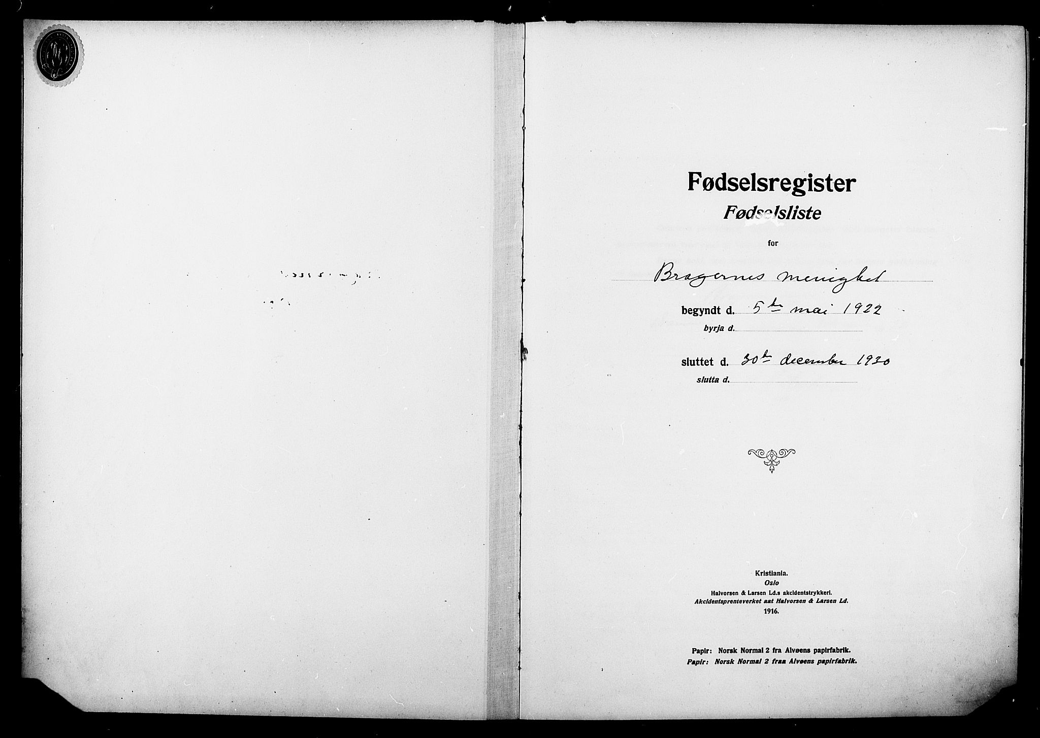 Bragernes kirkebøker, AV/SAKO-A-6/J/Ja/L0002: Birth register no. 2, 1922-1930