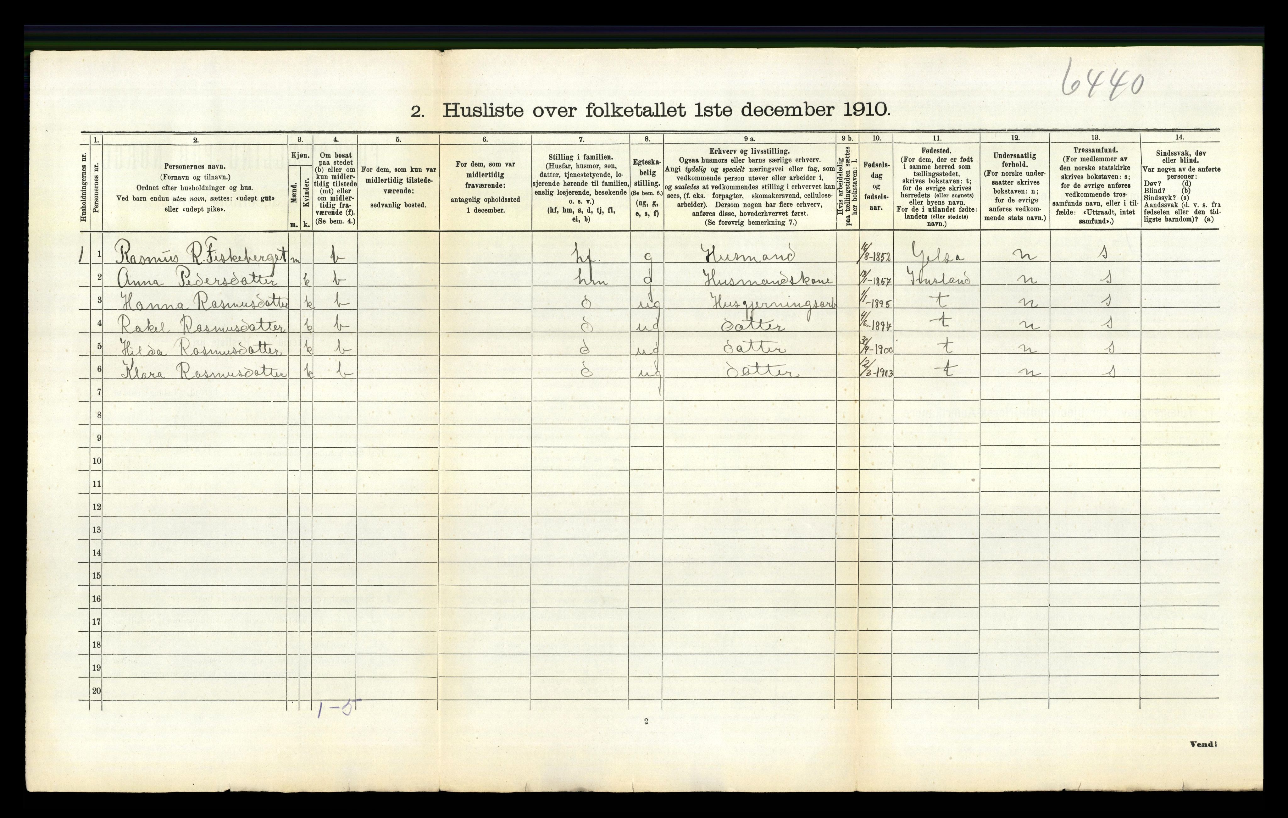 RA, 1910 census for Sand, 1910, p. 276