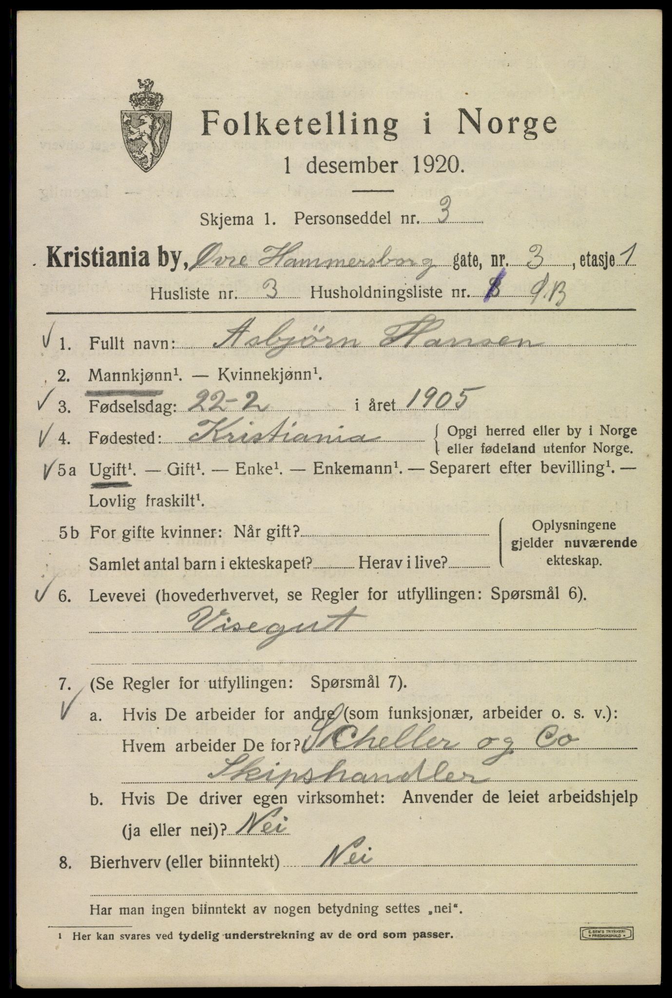 SAO, 1920 census for Kristiania, 1920, p. 657985