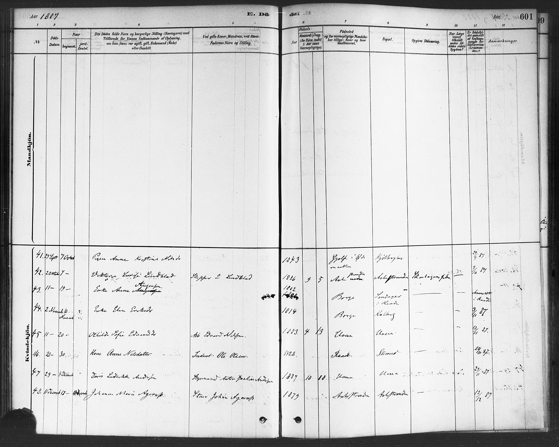 Onsøy prestekontor Kirkebøker, SAO/A-10914/F/Fa/L0006: Parish register (official) no. I 6, 1878-1898, p. 601