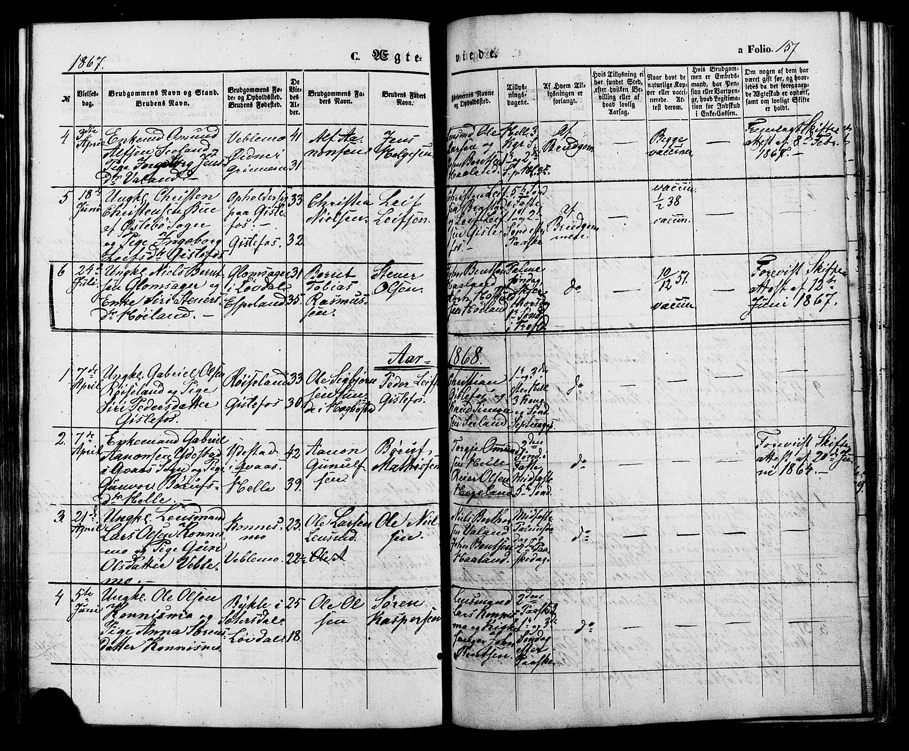 Nord-Audnedal sokneprestkontor, AV/SAK-1111-0032/F/Fa/Faa/L0002: Parish register (official) no. A 2, 1857-1882, p. 157