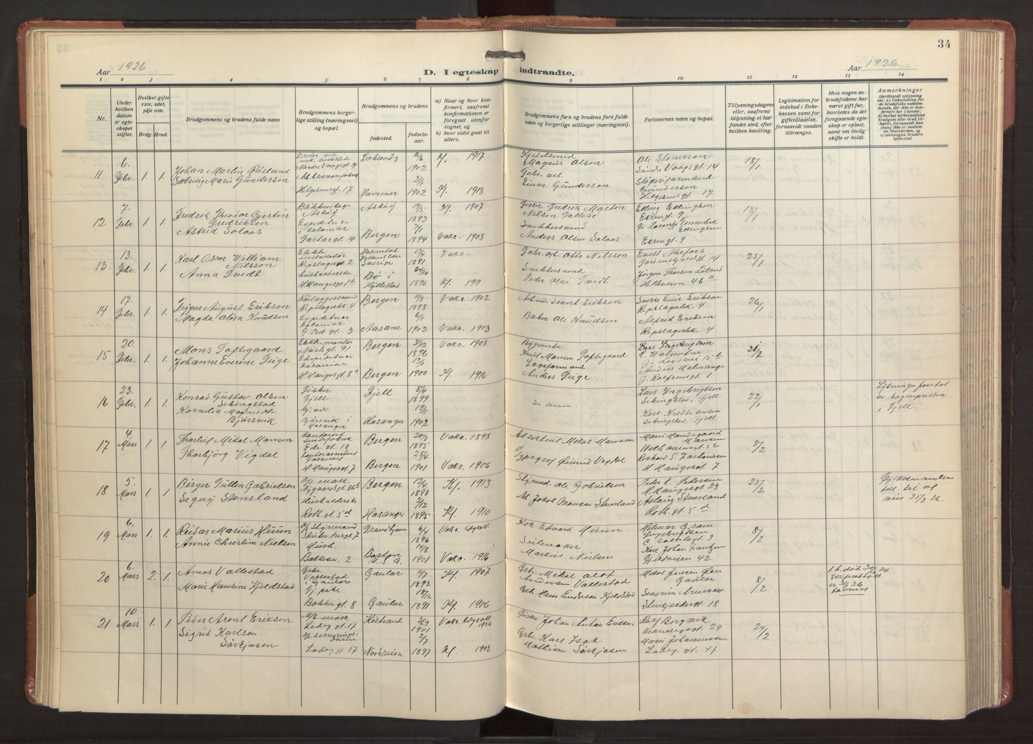 Sandviken Sokneprestembete, SAB/A-77601/H/Ha/L0016: Parish register (official) no. D 3, 1923-1940, p. 34