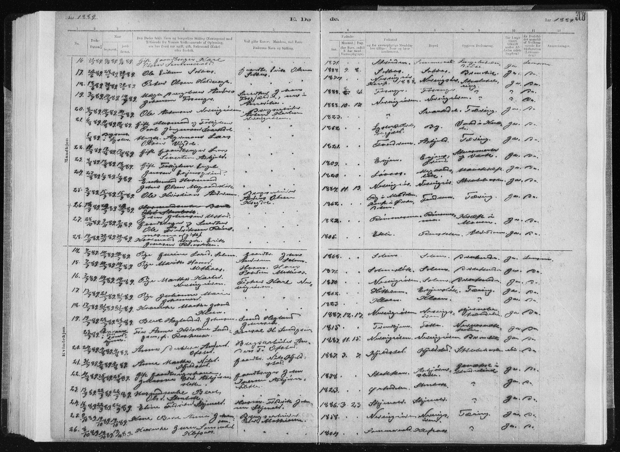 Ministerialprotokoller, klokkerbøker og fødselsregistre - Sør-Trøndelag, SAT/A-1456/668/L0818: Parish register (copy) no. 668C07, 1885-1898, p. 308