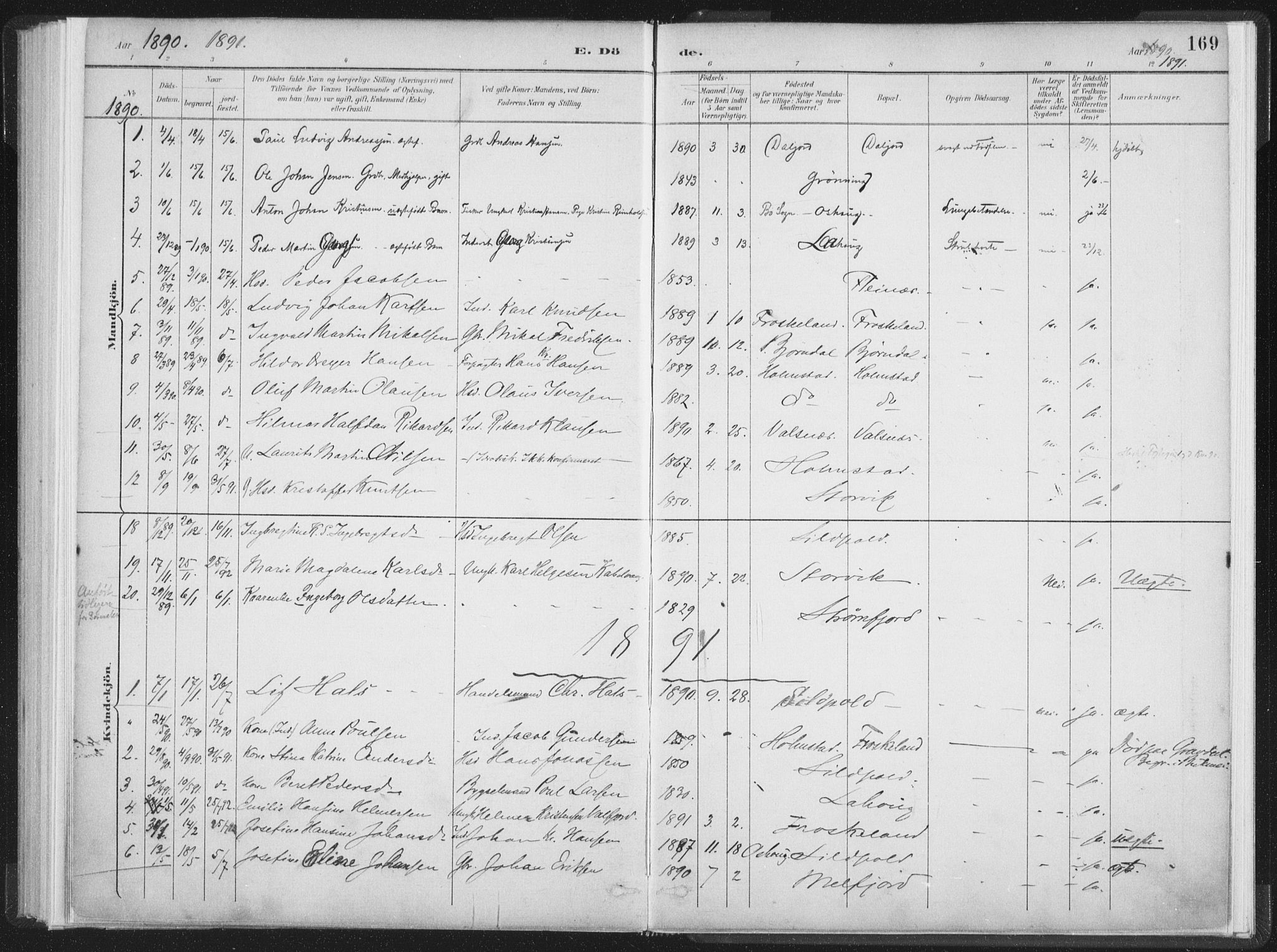 Ministerialprotokoller, klokkerbøker og fødselsregistre - Nordland, SAT/A-1459/890/L1286: Parish register (official) no. 890A01, 1882-1902, p. 169