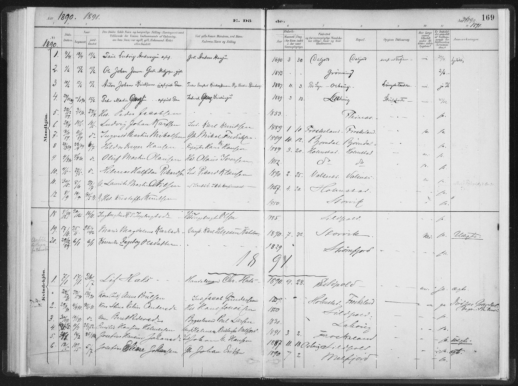 Ministerialprotokoller, klokkerbøker og fødselsregistre - Nordland, AV/SAT-A-1459/890/L1286: Parish register (official) no. 890A01, 1882-1902, p. 169