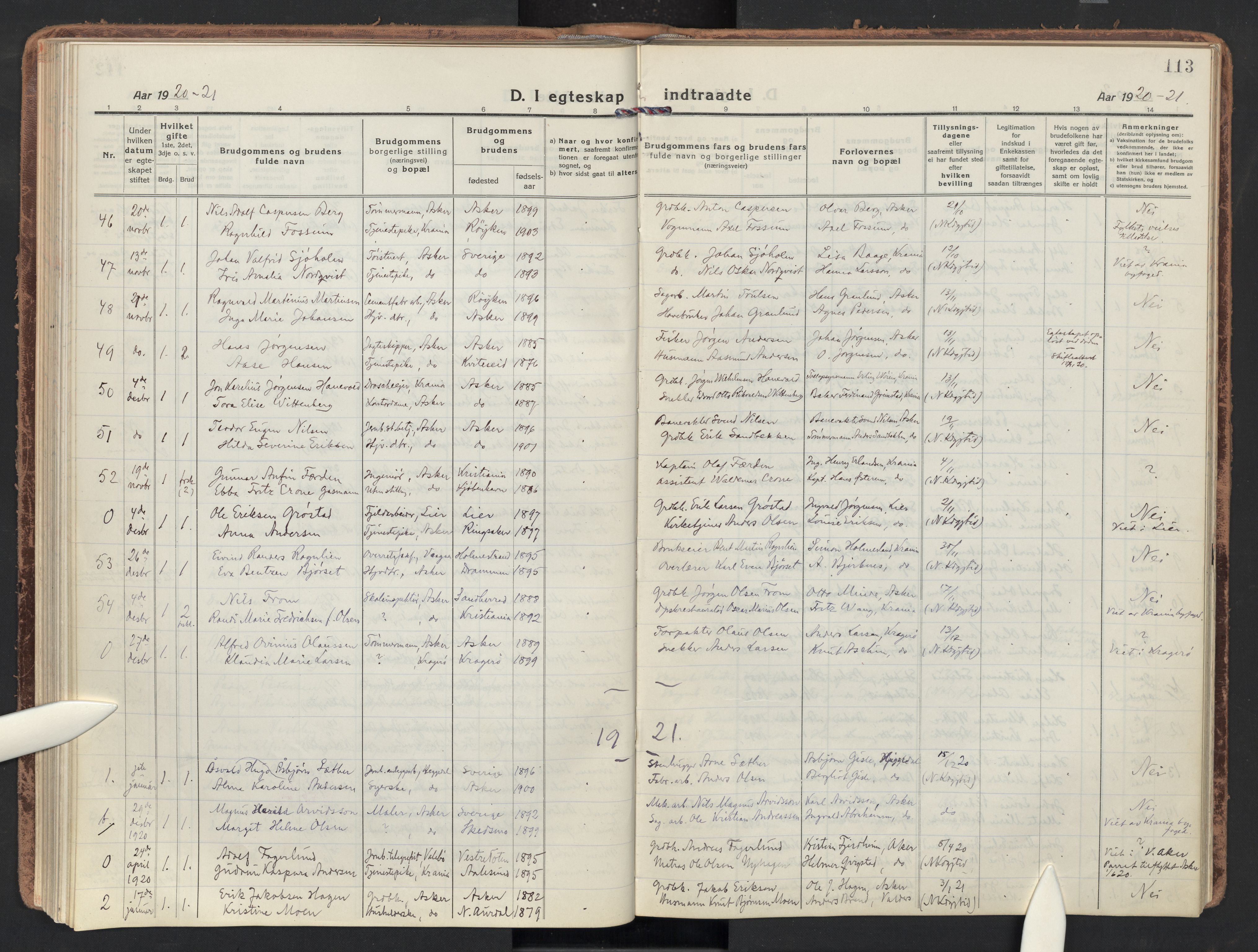Asker prestekontor Kirkebøker, SAO/A-10256a/F/Fa/L0019: Parish register (official) no. I 19, 1918-1935, p. 113