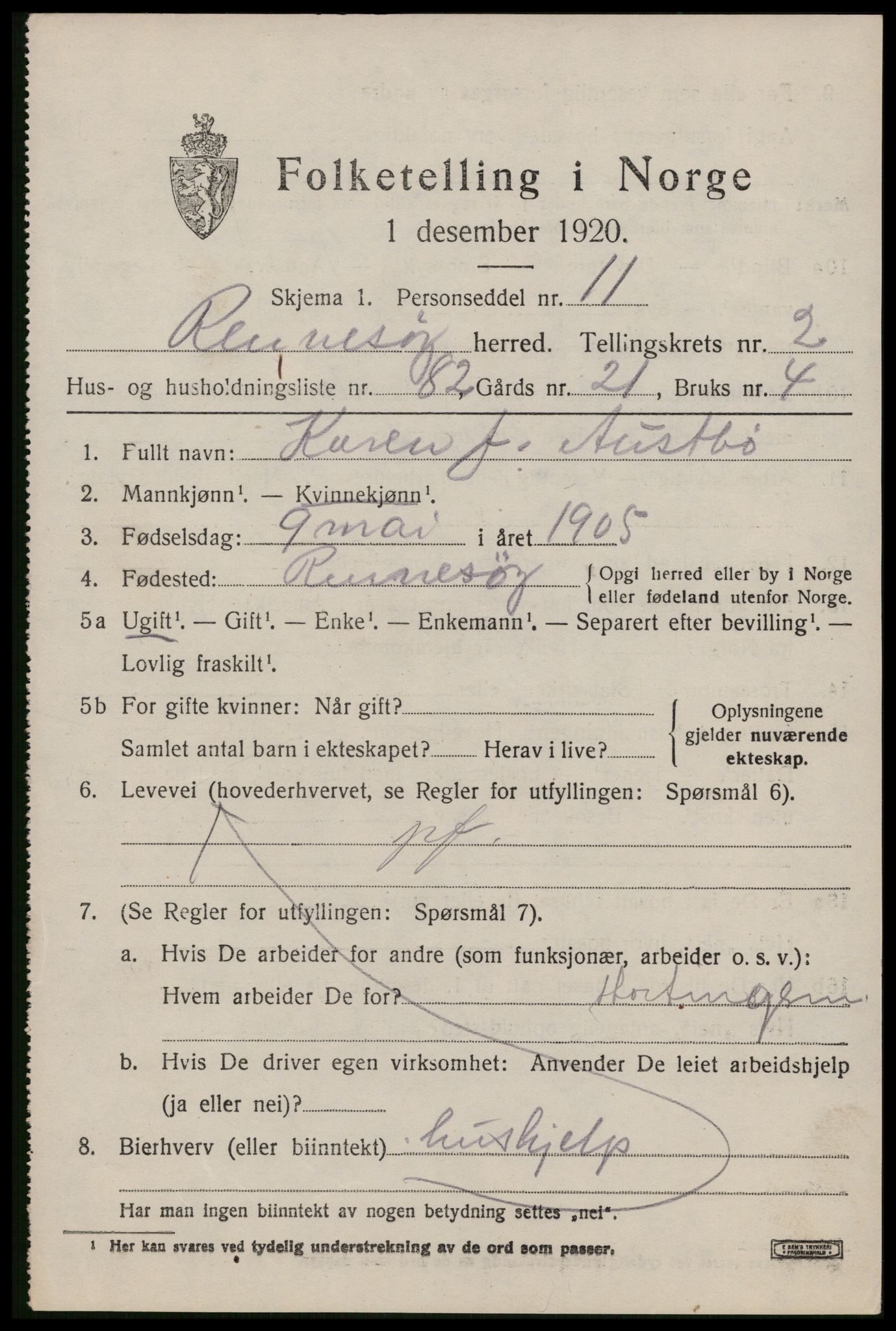 SAST, 1920 census for Rennesøy, 1920, p. 1924