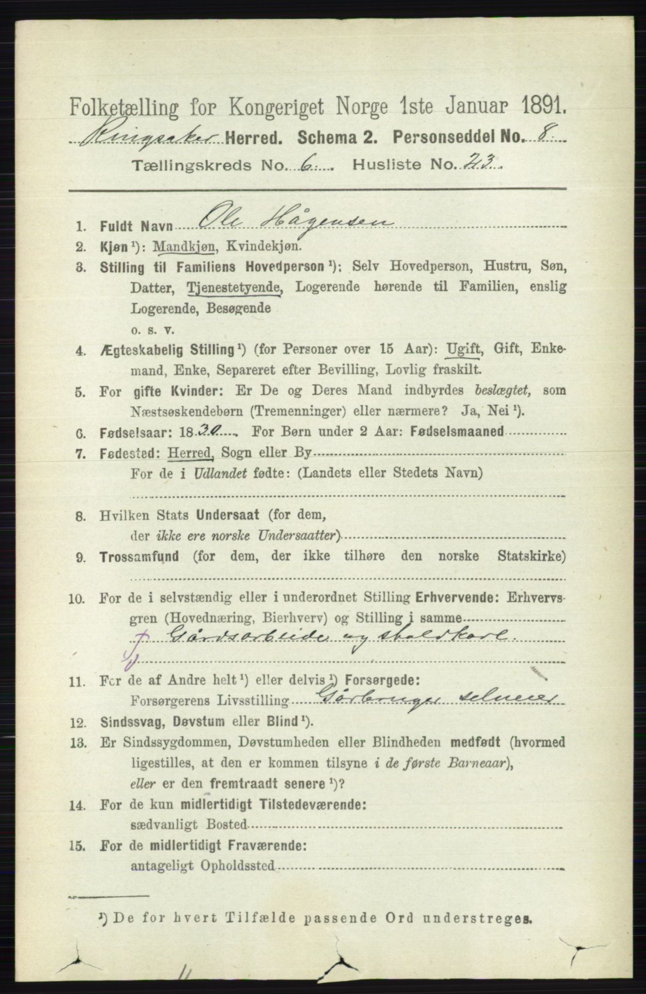 RA, 1891 census for 0412 Ringsaker, 1891, p. 3314