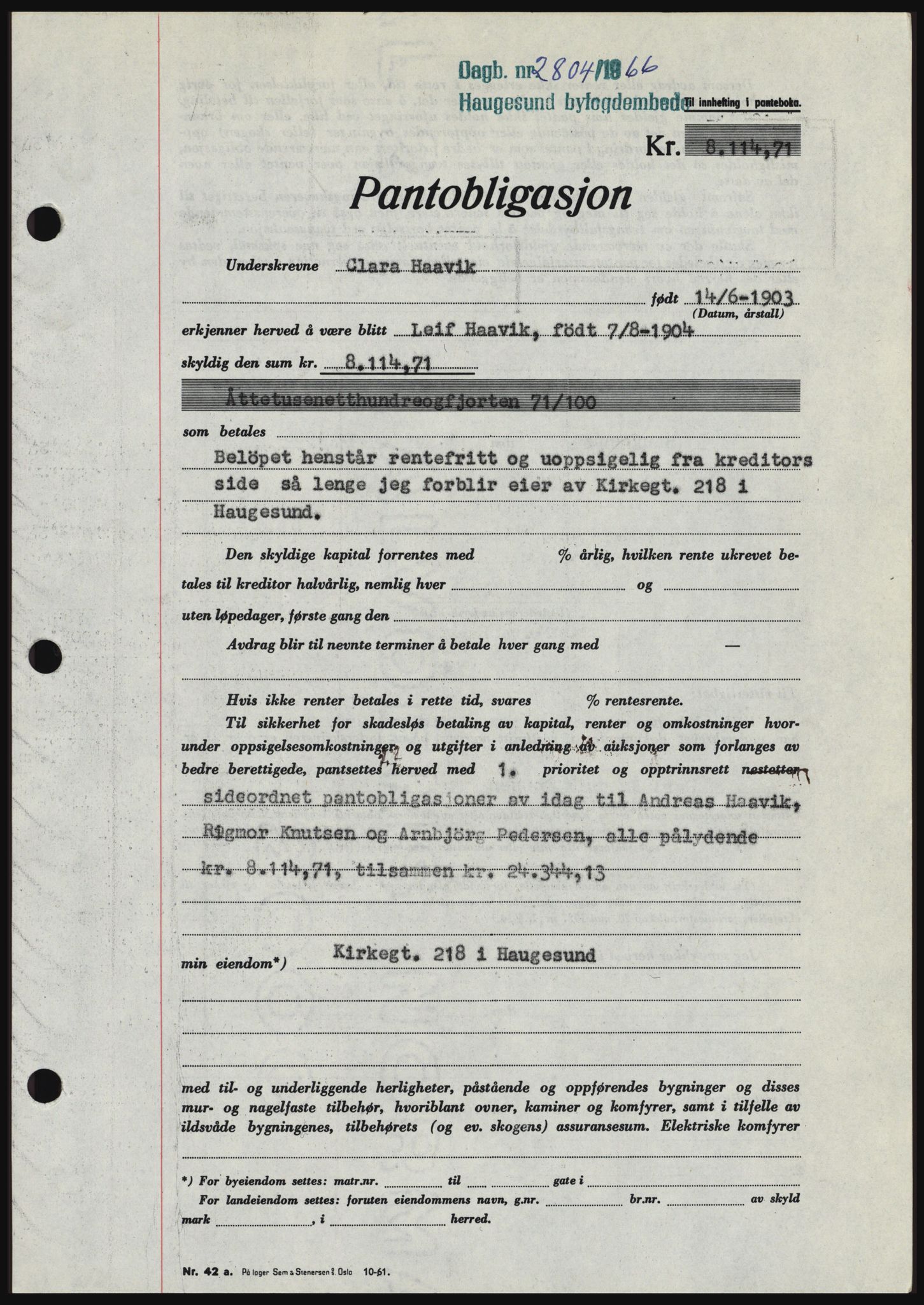 Haugesund tingrett, SAST/A-101415/01/II/IIC/L0056: Mortgage book no. B 56, 1966-1967, Diary no: : 2804/1966