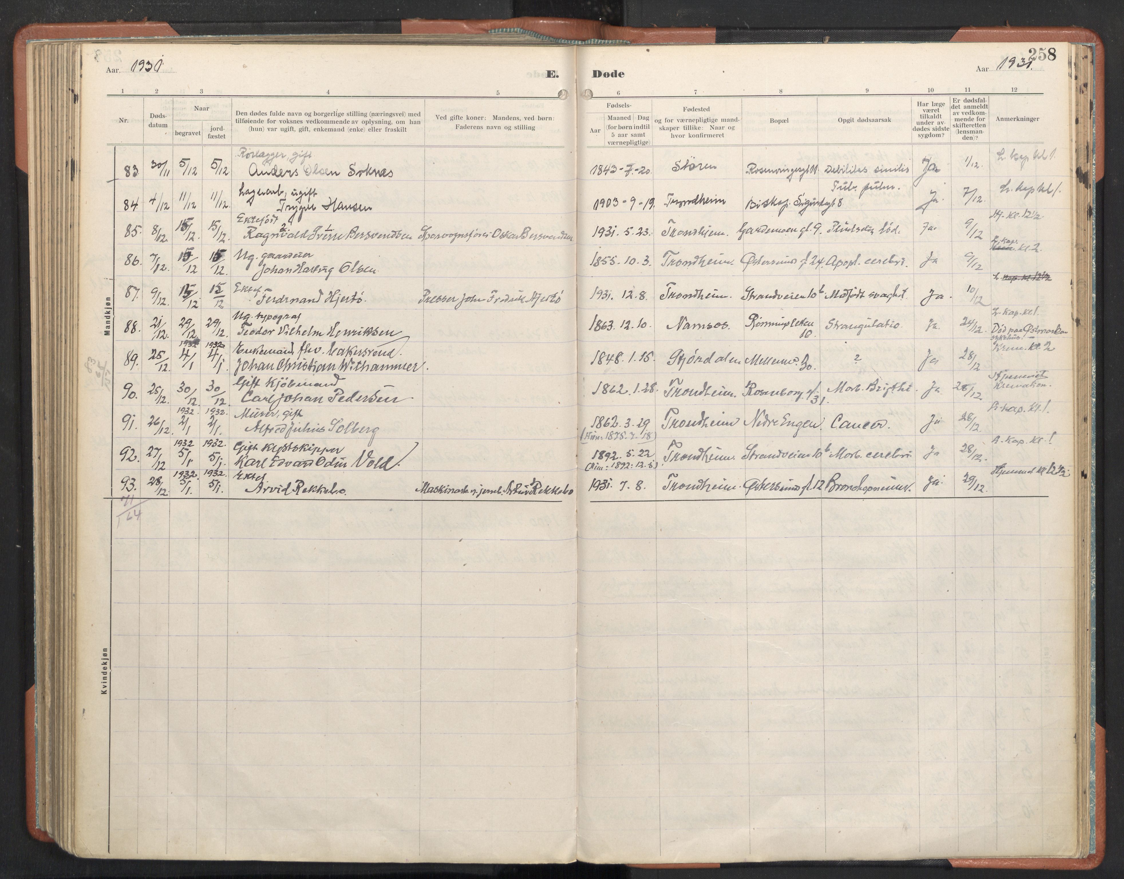 Ministerialprotokoller, klokkerbøker og fødselsregistre - Sør-Trøndelag, SAT/A-1456/605/L0245: Parish register (official) no. 605A07, 1916-1938, p. 258
