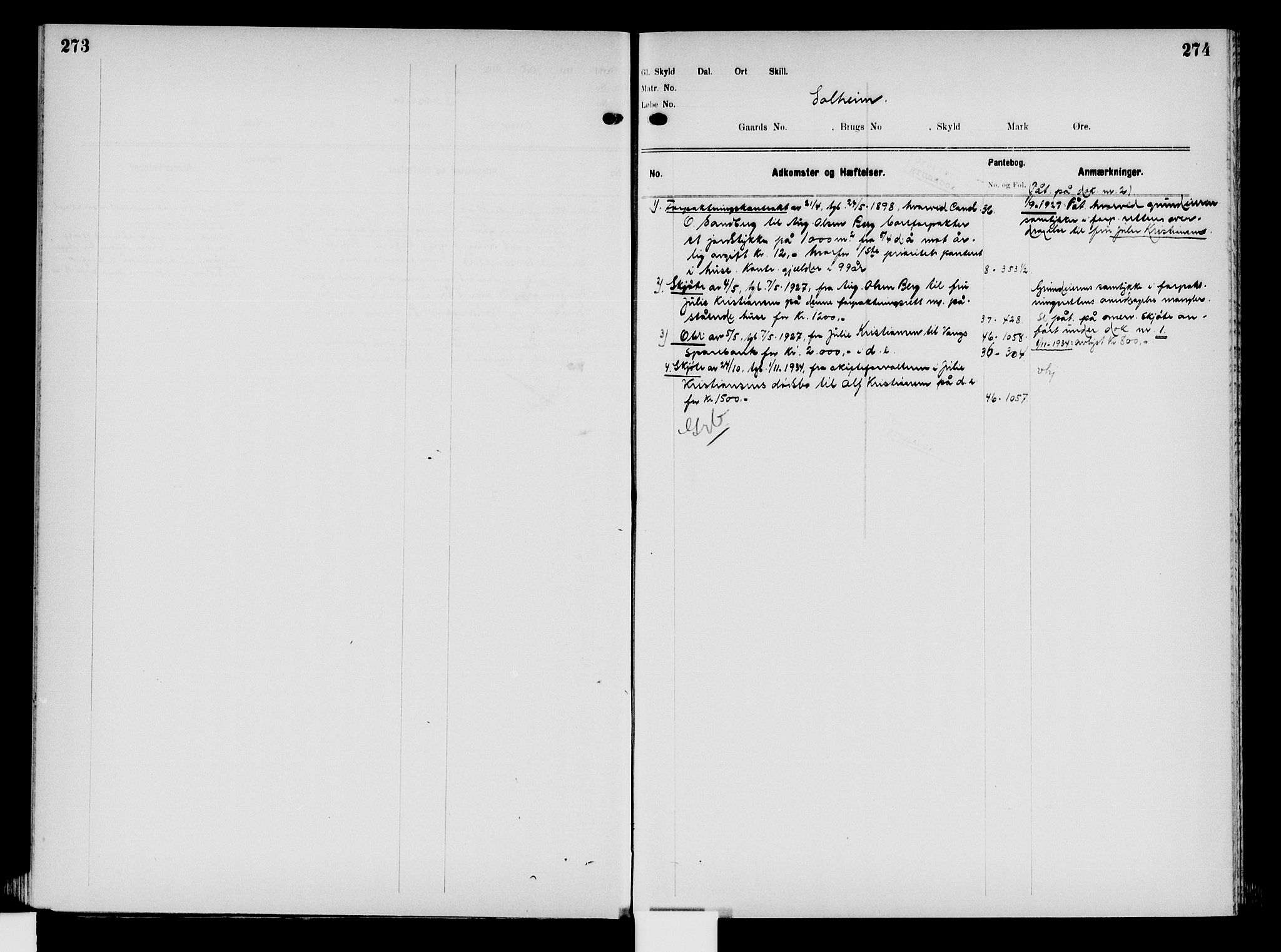 Nord-Hedmark sorenskriveri, SAH/TING-012/H/Ha/Had/Hade/L0008: Mortgage register no. 4.8, 1923-1940, p. 273-274