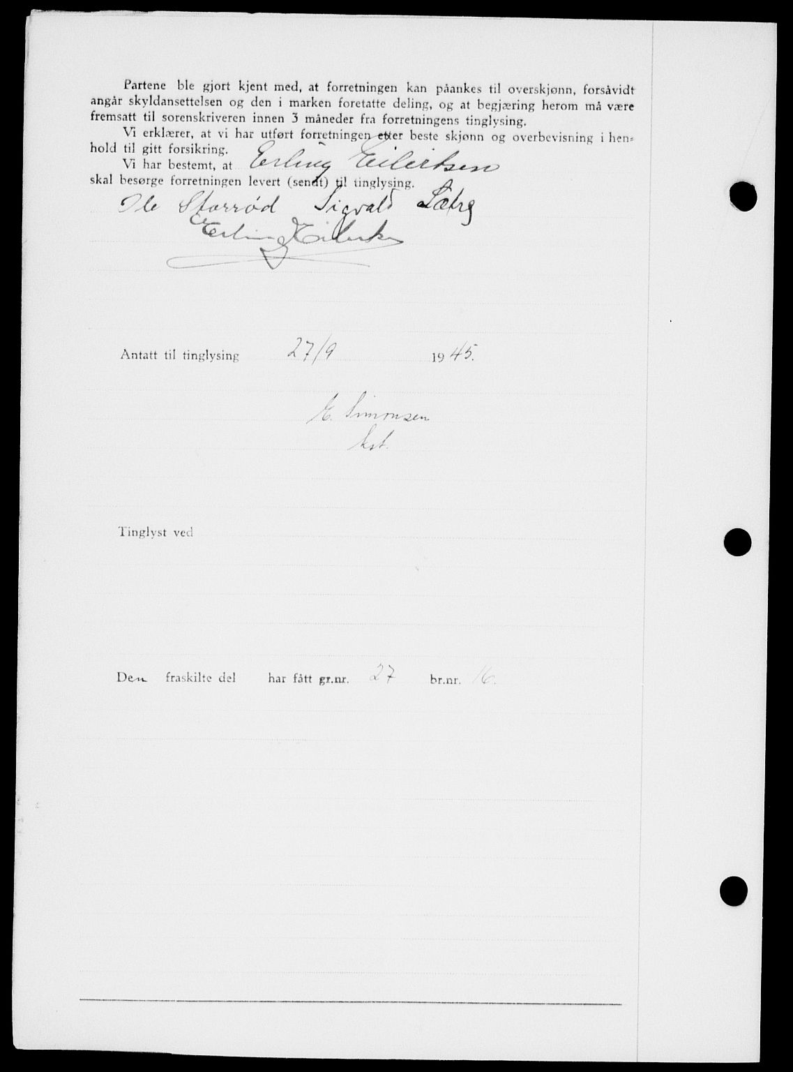 Onsøy sorenskriveri, SAO/A-10474/G/Ga/Gab/L0015: Mortgage book no. II A-15, 1945-1946, Diary no: : 1322/1945