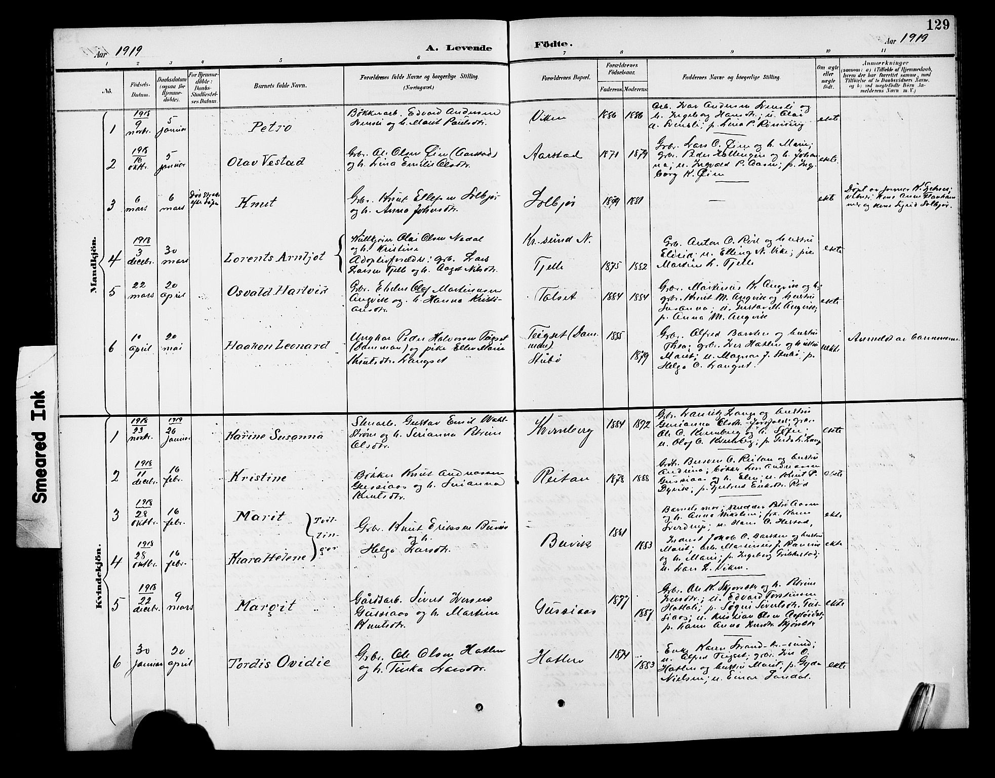 Ministerialprotokoller, klokkerbøker og fødselsregistre - Møre og Romsdal, SAT/A-1454/551/L0632: Parish register (copy) no. 551C04, 1894-1920, p. 129