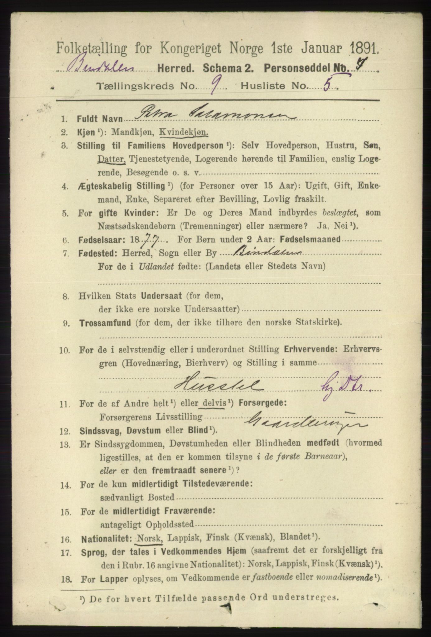RA, 1891 census for 1811 Bindal, 1891, p. 2962