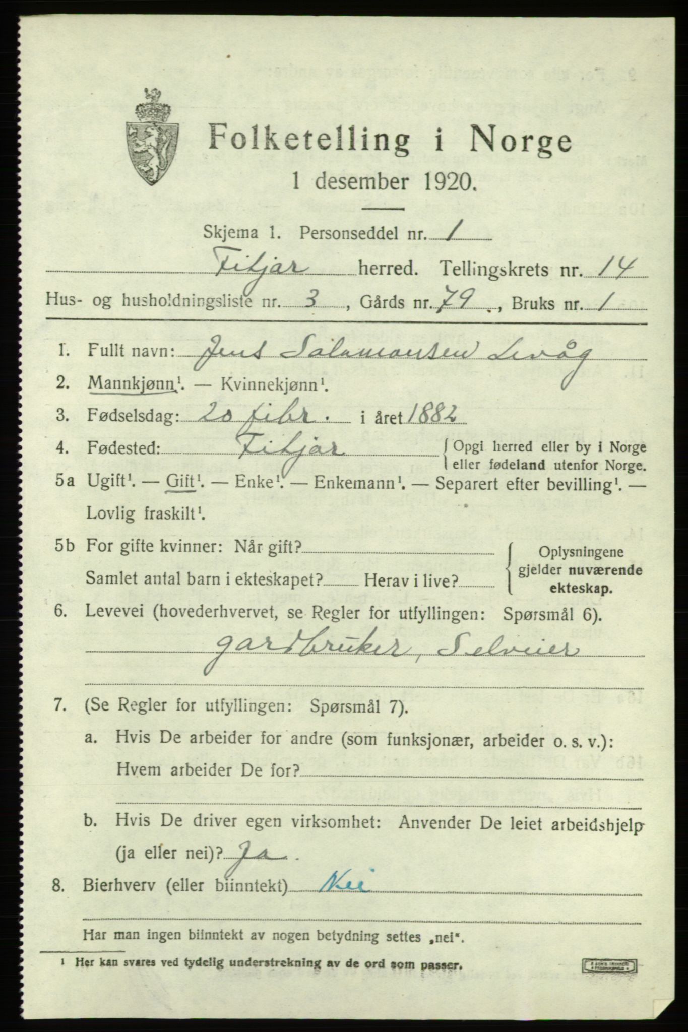 SAB, 1920 census for Fitjar, 1920, p. 5734