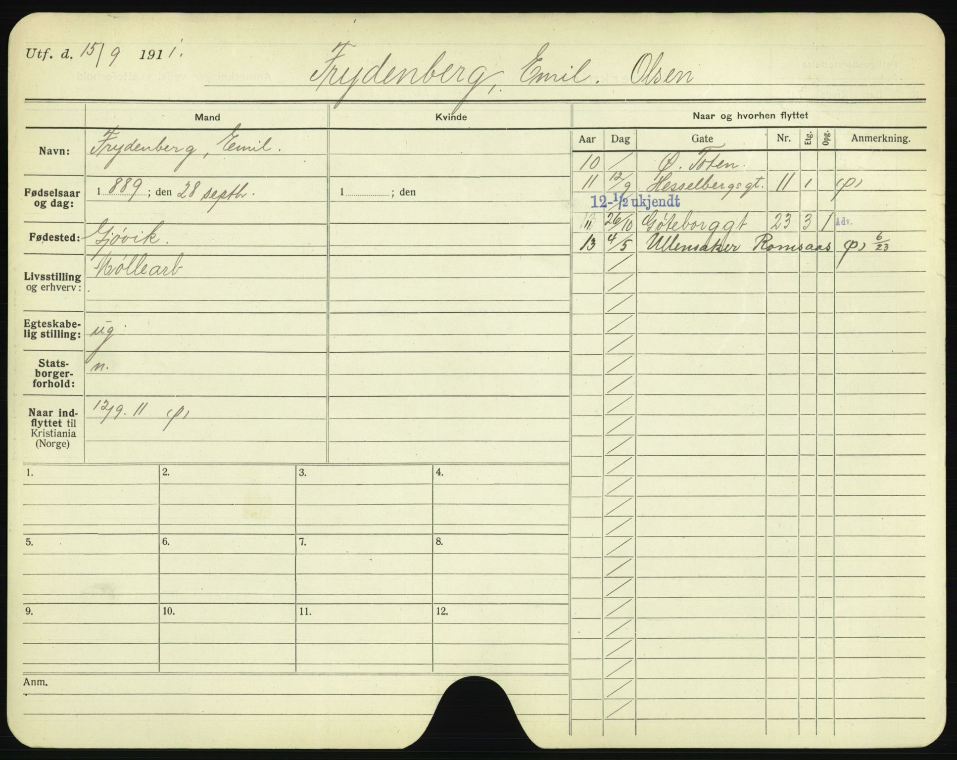 Oslo folkeregister, Registerkort, AV/SAO-A-11715/F/Fa/Fac/L0003: Menn, 1906-1914, p. 326a