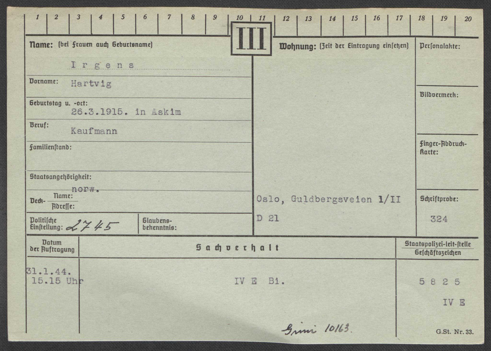 Befehlshaber der Sicherheitspolizei und des SD, AV/RA-RAFA-5969/E/Ea/Eaa/L0005: Register over norske fanger i Møllergata 19: Hø-Kj, 1940-1945, p. 175