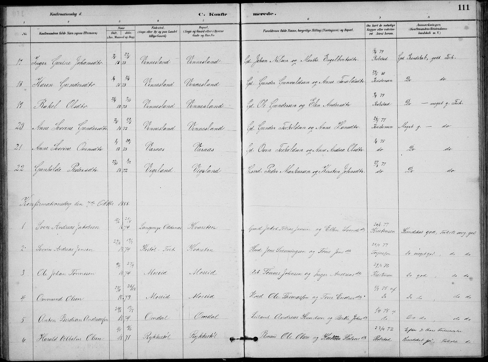 Vennesla sokneprestkontor, AV/SAK-1111-0045/Fb/Fbb/L0003: Parish register (copy) no. B 3, 1879-1893, p. 111