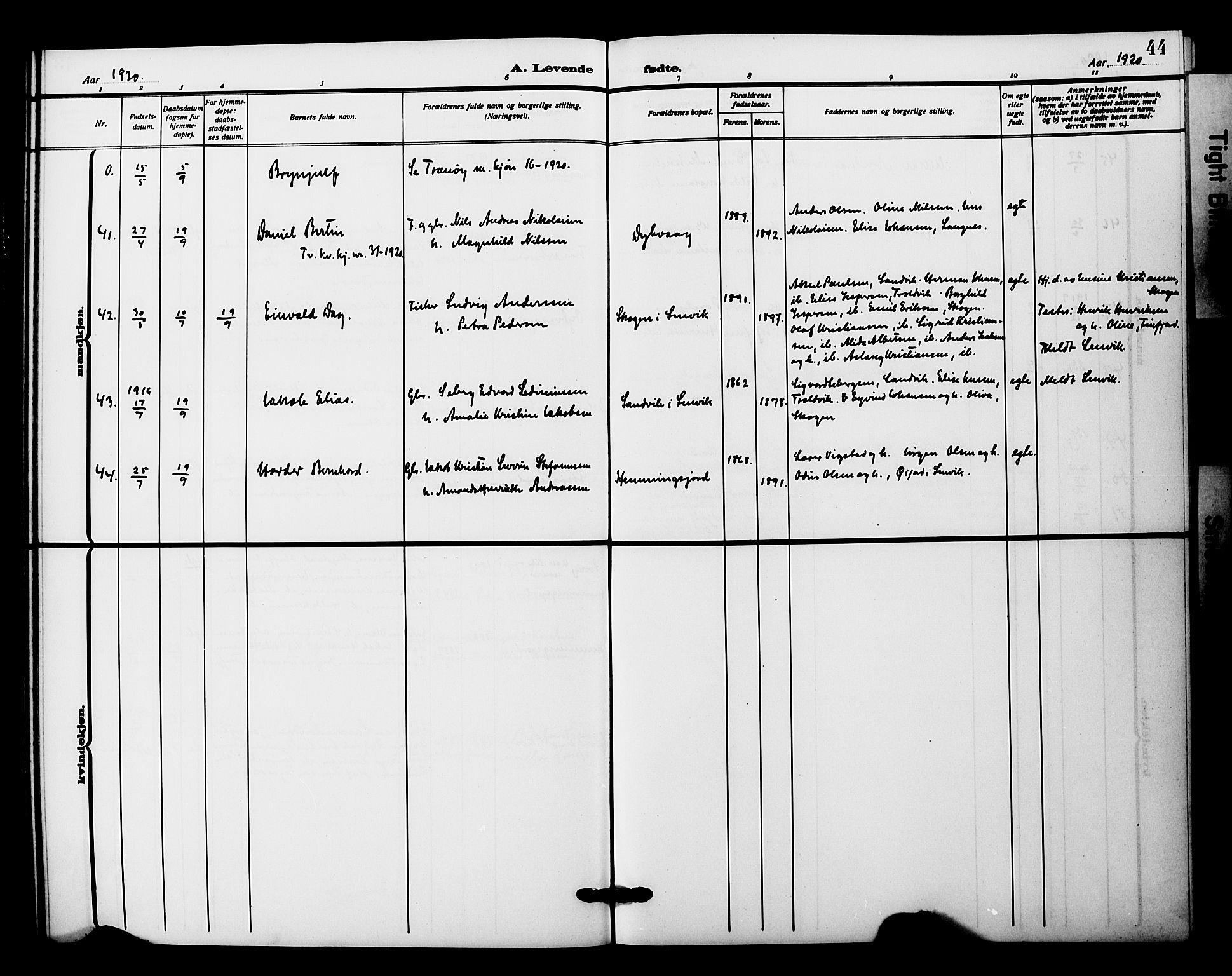 Tranøy sokneprestkontor, AV/SATØ-S-1313/I/Ia/Iab/L0023klokker: Parish register (copy) no. 23, 1913-1928, p. 44