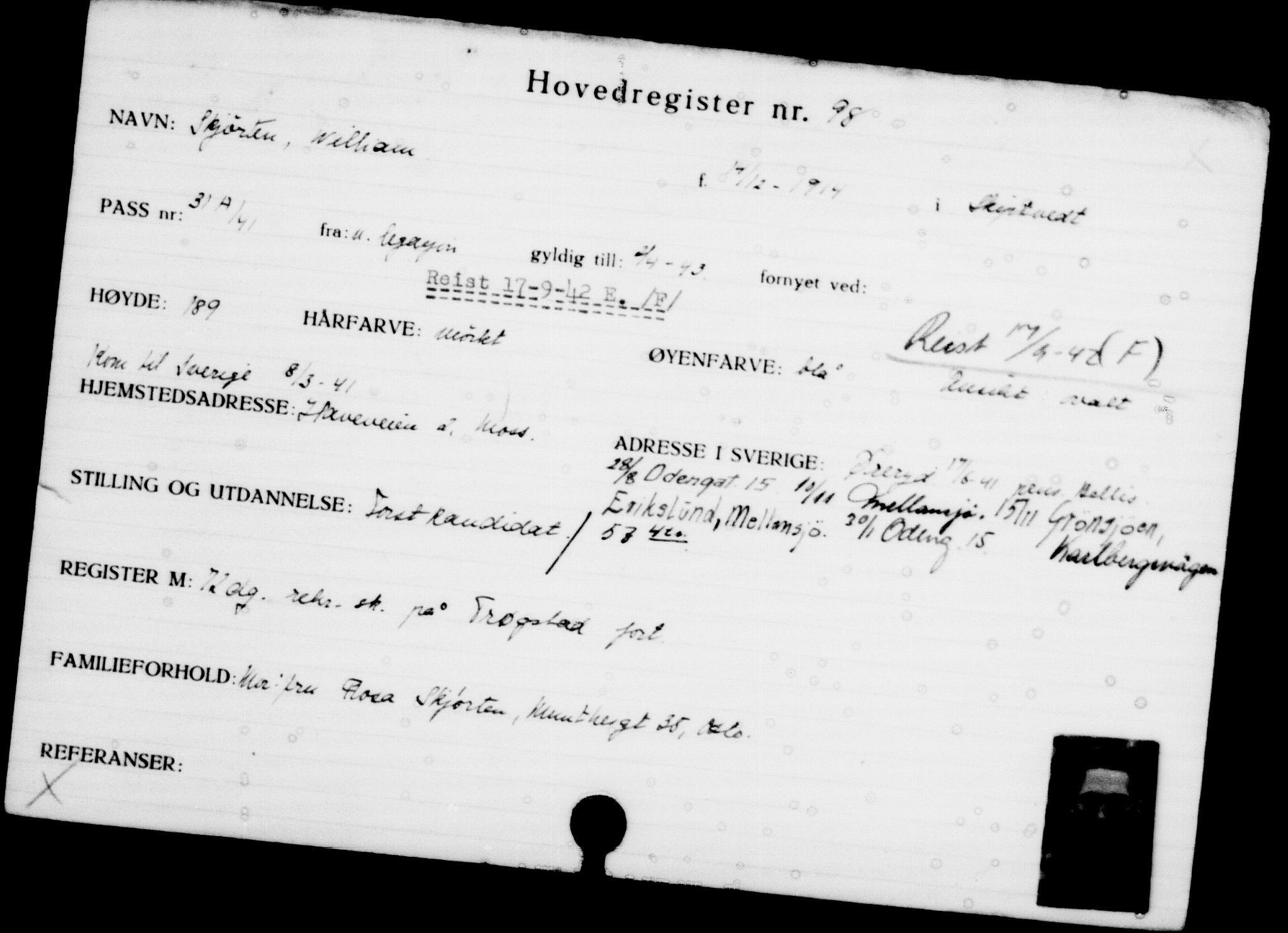 Utenriksstasjonene, Legasjonen i Stockholm, Flyktningkontoret, AV/RA-S-6753/V/Va/L0001: Kjesäterkartoteket, flyktninger med registreringsnr. 1-1000, 1940-1945, p. 167