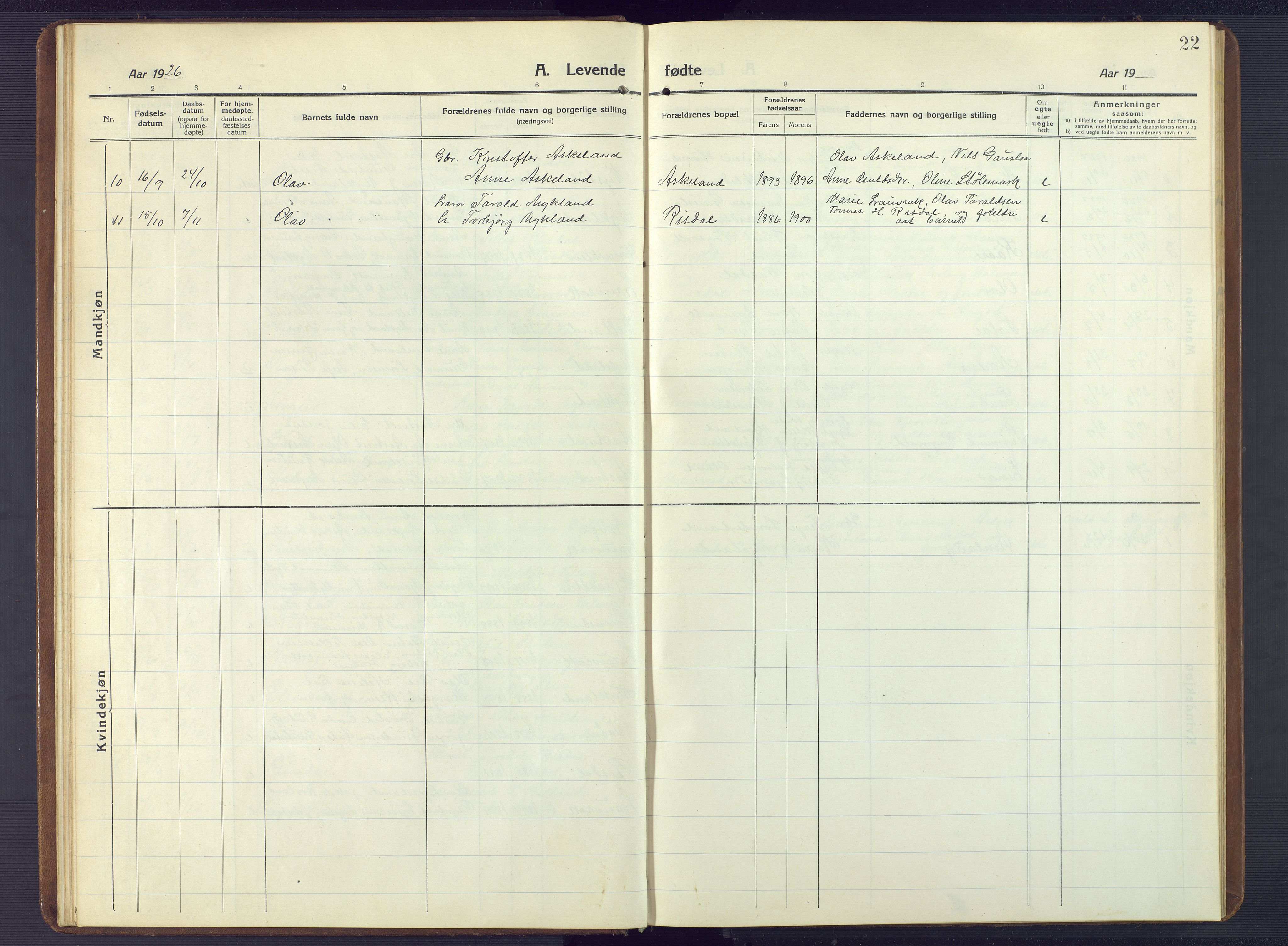 Herefoss sokneprestkontor, AV/SAK-1111-0019/F/Fb/Fbc/L0004: Parish register (copy) no. B 4, 1914-1946, p. 22