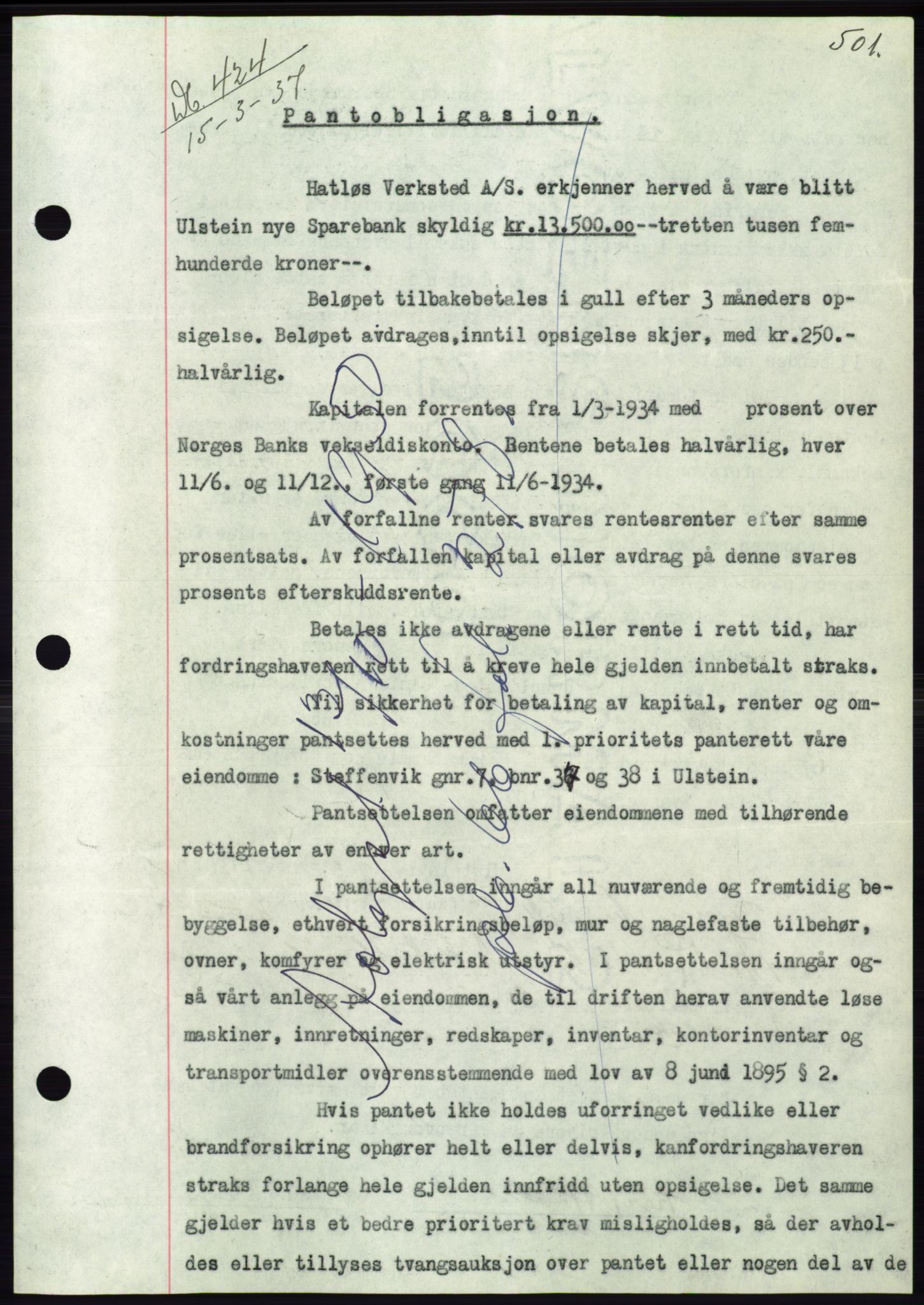 Søre Sunnmøre sorenskriveri, AV/SAT-A-4122/1/2/2C/L0062: Mortgage book no. 56, 1936-1937, Diary no: : 424/1937