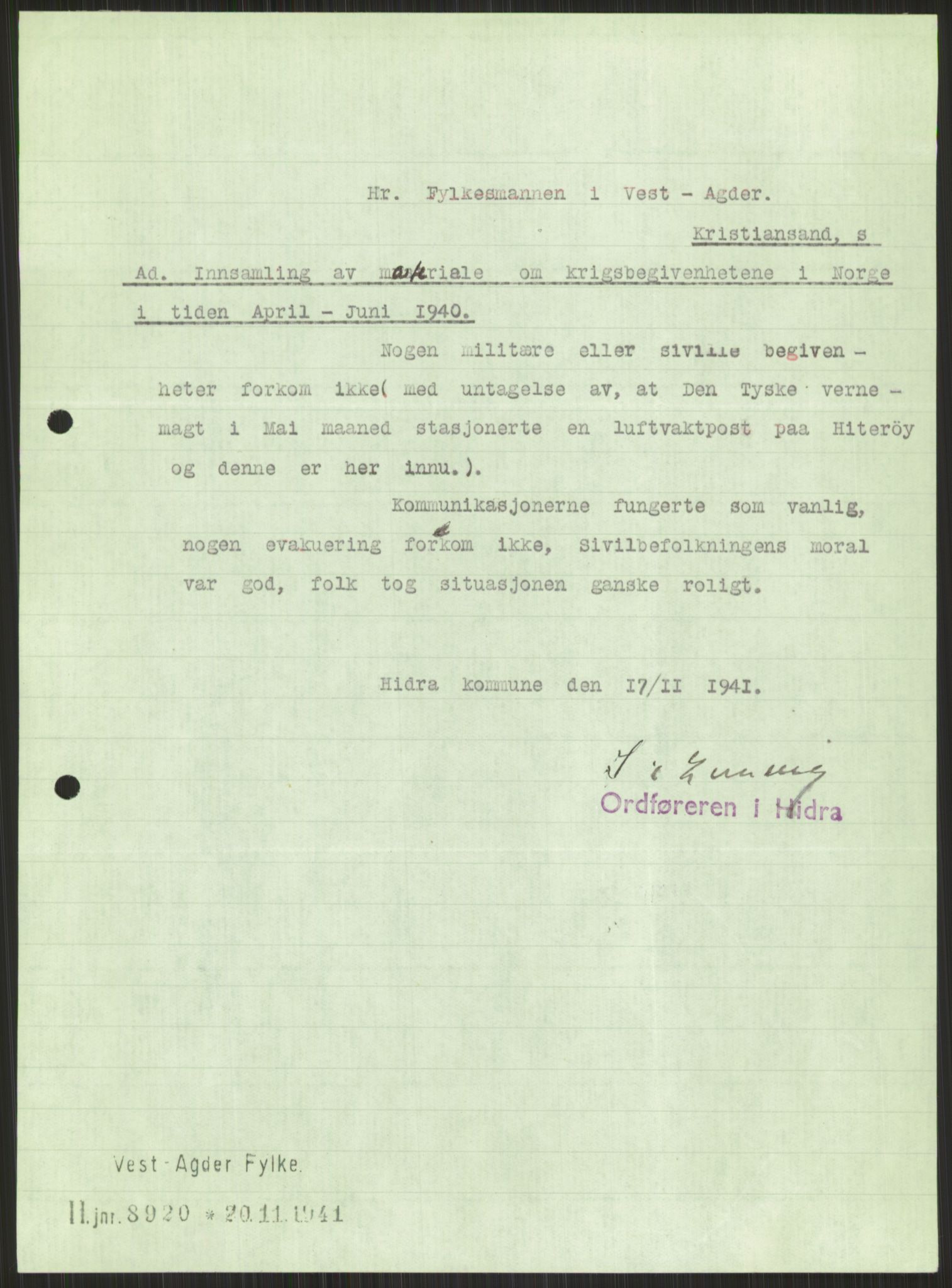 Forsvaret, Forsvarets krigshistoriske avdeling, RA/RAFA-2017/Y/Ya/L0014: II-C-11-31 - Fylkesmenn.  Rapporter om krigsbegivenhetene 1940., 1940, p. 834