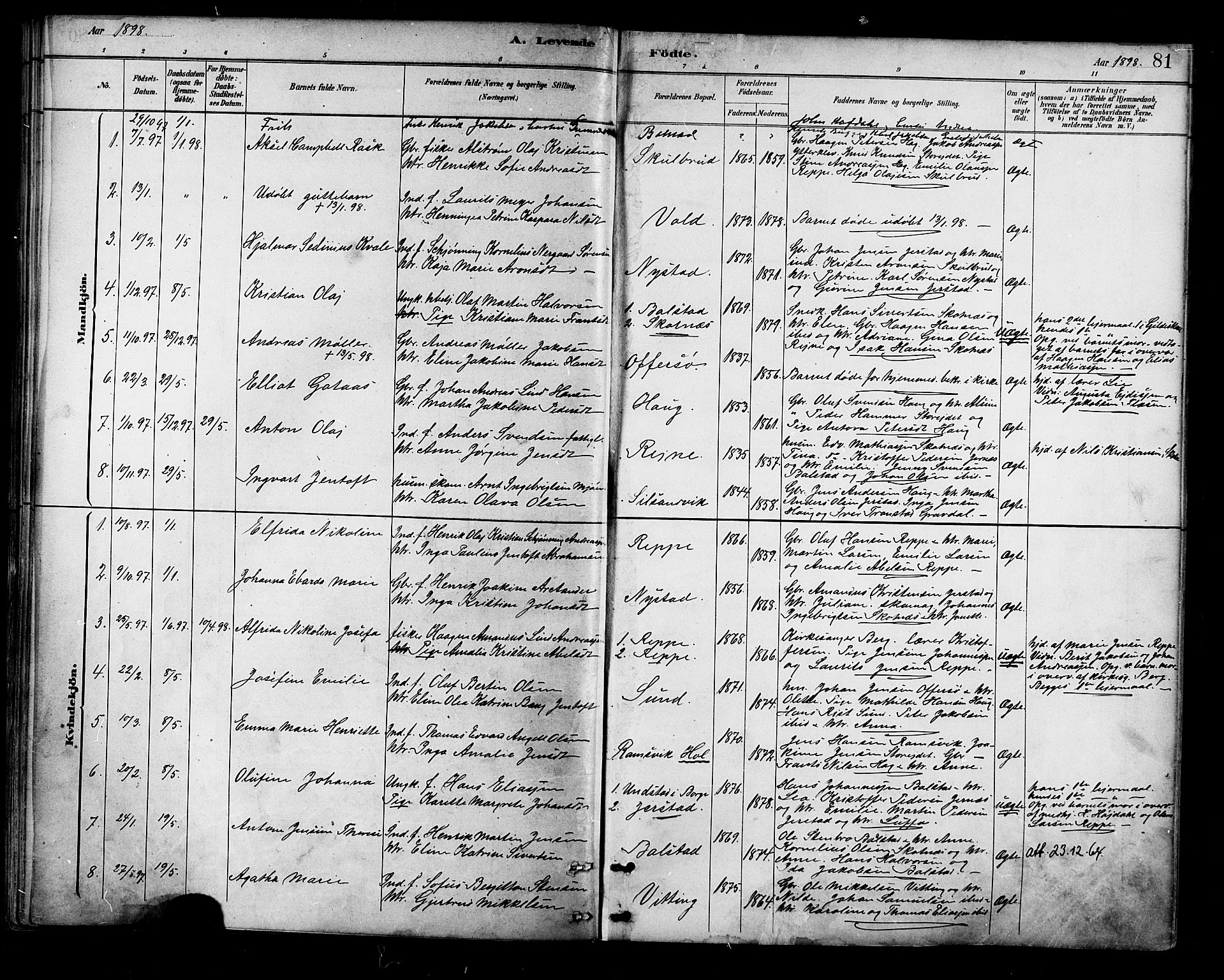 Ministerialprotokoller, klokkerbøker og fødselsregistre - Nordland, SAT/A-1459/881/L1167: Parish register (copy) no. 881C04, 1886-1899, p. 81