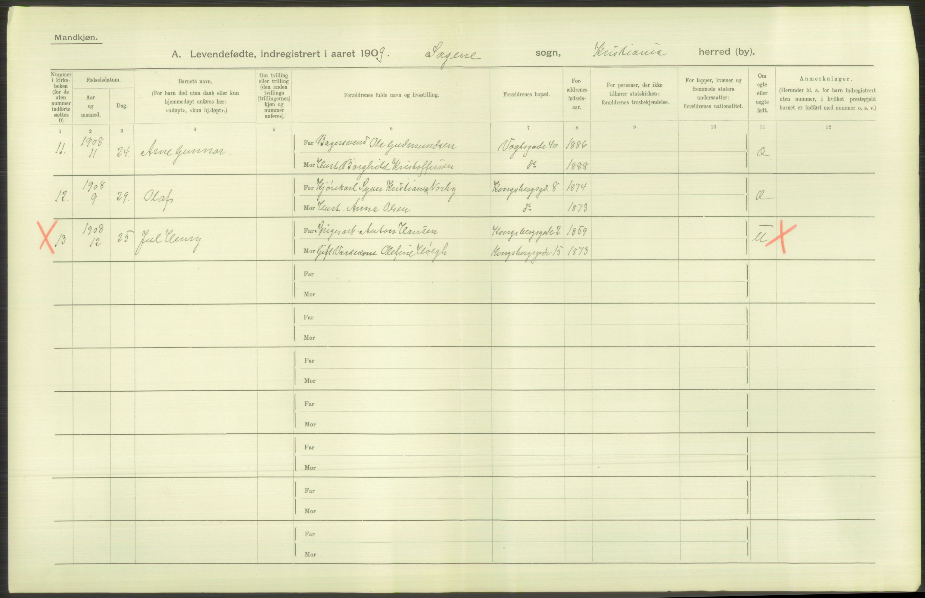 Statistisk sentralbyrå, Sosiodemografiske emner, Befolkning, AV/RA-S-2228/D/Df/Dfa/Dfag/L0007: Kristiania: Levendefødte menn og kvinner., 1909, p. 322