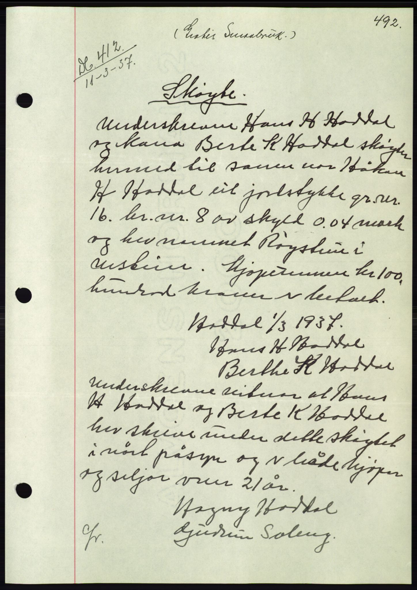 Søre Sunnmøre sorenskriveri, SAT/A-4122/1/2/2C/L0062: Mortgage book no. 56, 1936-1937, Diary no: : 412/1937