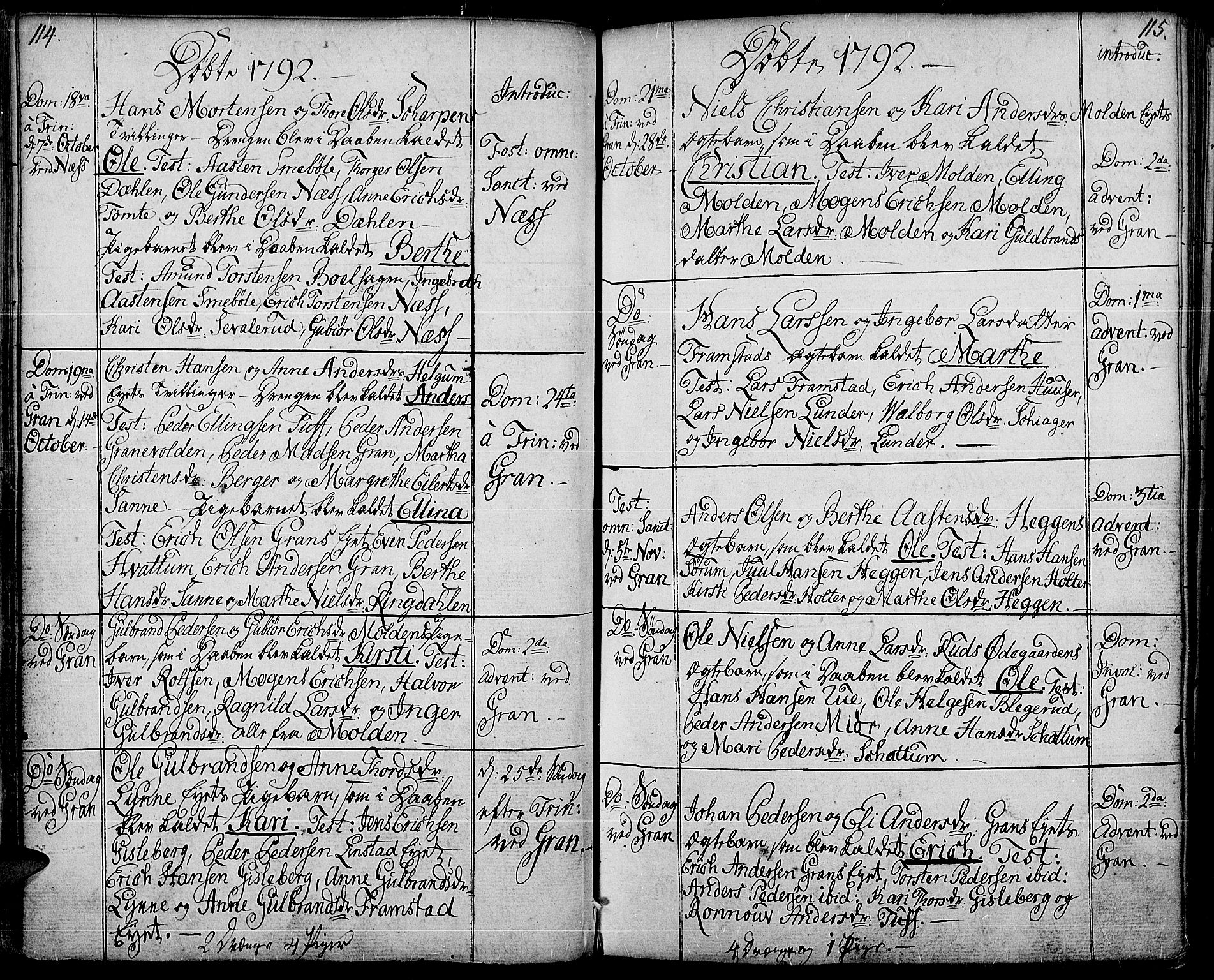 Gran prestekontor, SAH/PREST-112/H/Ha/Haa/L0006: Parish register (official) no. 6, 1787-1824, p. 114-115