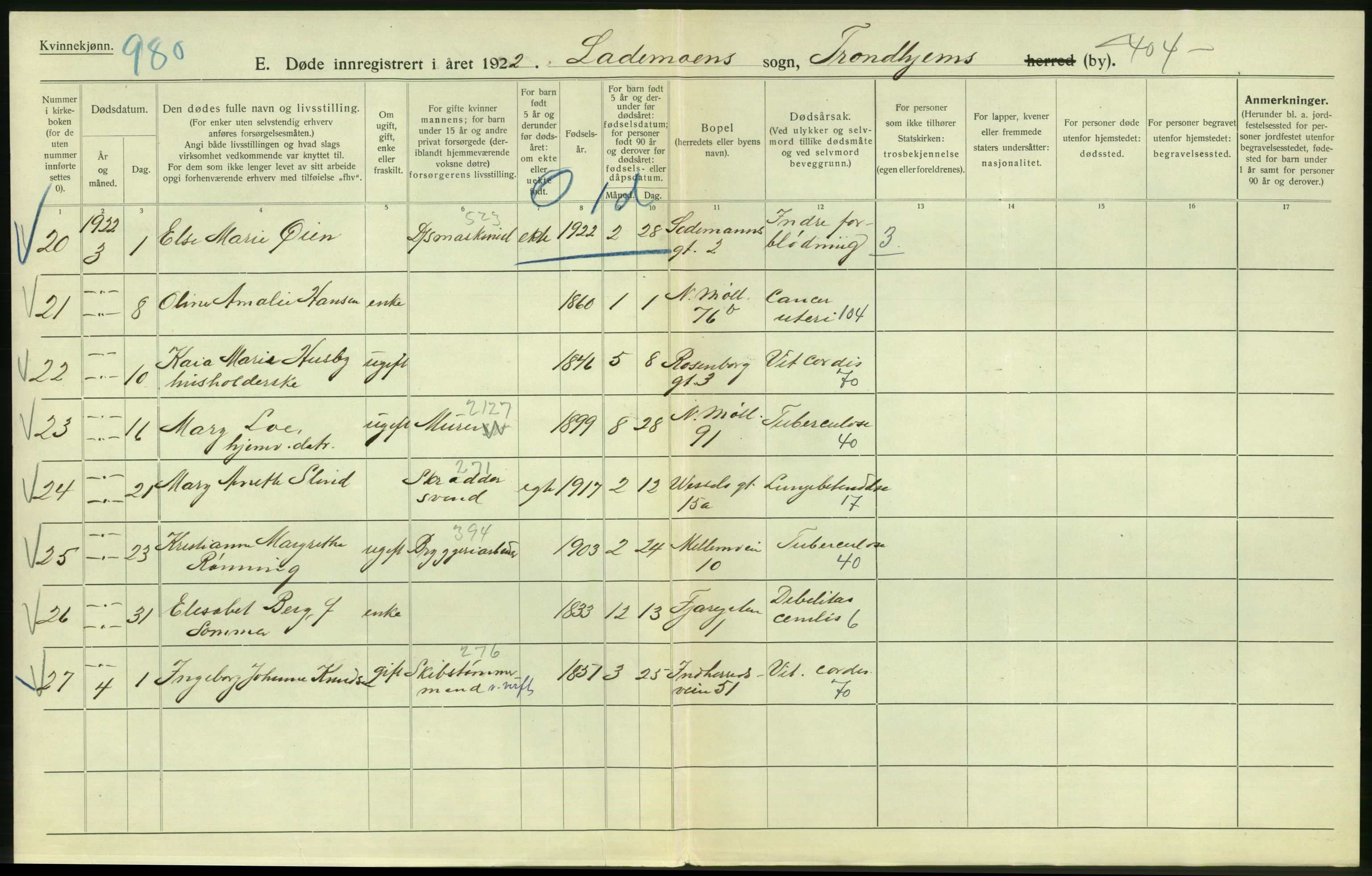 Statistisk sentralbyrå, Sosiodemografiske emner, Befolkning, AV/RA-S-2228/D/Df/Dfc/Dfcb/L0040: Trondheim: Gifte, døde, dødfødte., 1922, p. 268