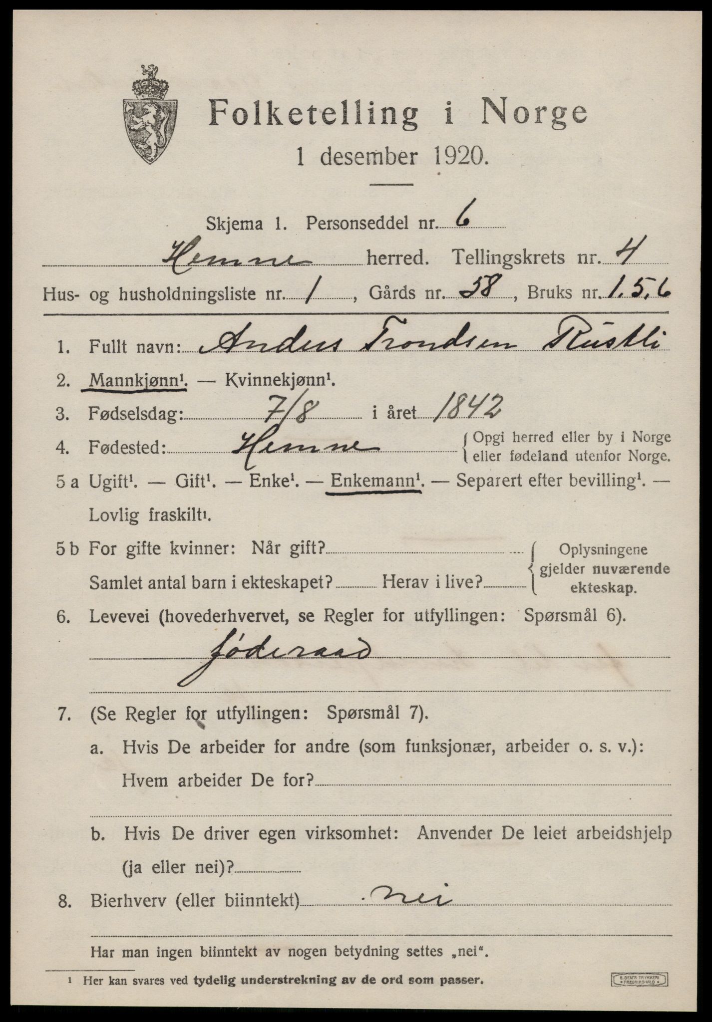 SAT, 1920 census for Hemne, 1920, p. 2860