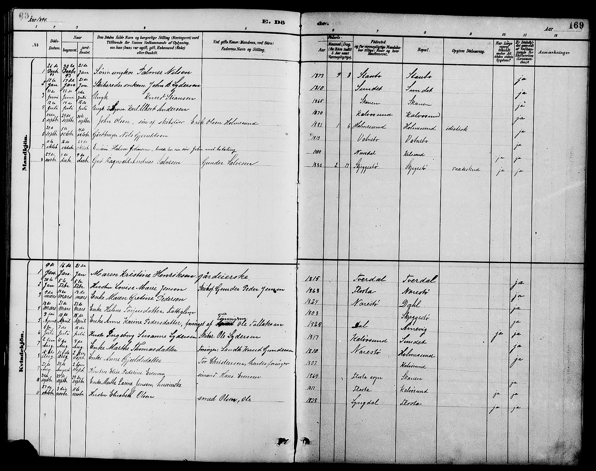 Dypvåg sokneprestkontor, AV/SAK-1111-0007/F/Fb/Fbb/L0004: Parish register (copy) no. B 4, 1887-1905, p. 169