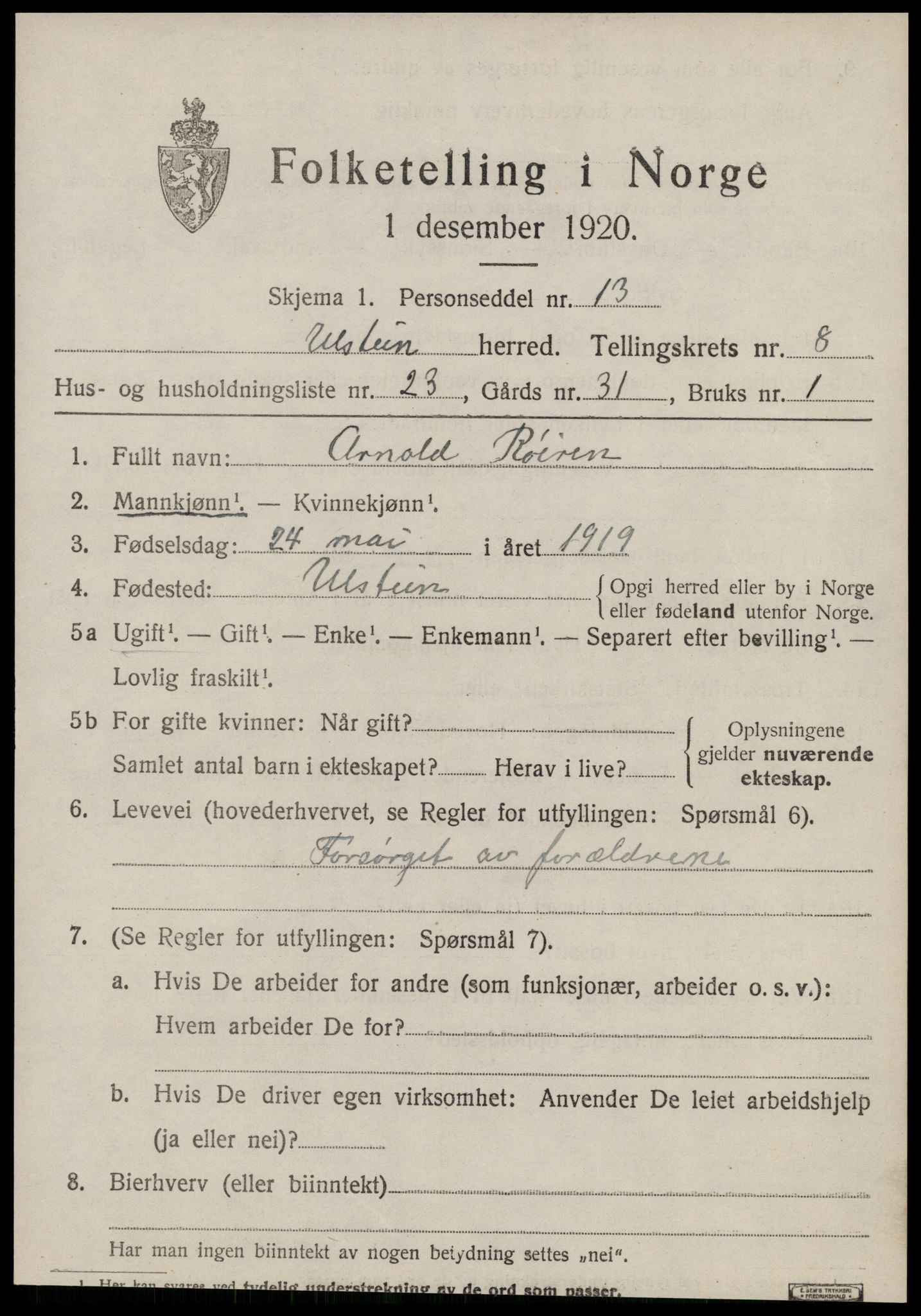 SAT, 1920 census for Ulstein, 1920, p. 4976