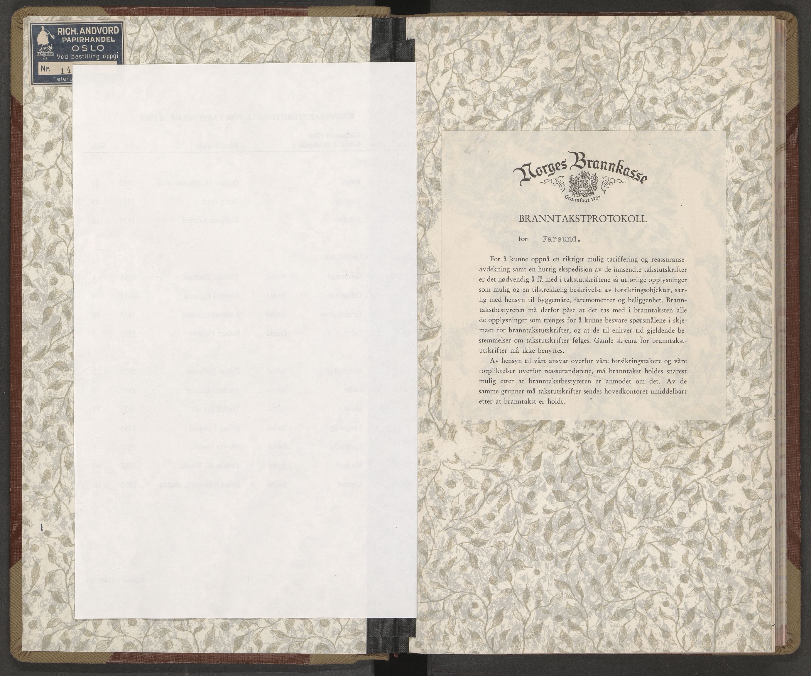 Norges Brannkasse Farsund, AV/SAK-2241-0011/F/Fa/L0005: Branntakstprotokoll nr. 6 med gatenavnsregister og gårdsnavnregister, 1955