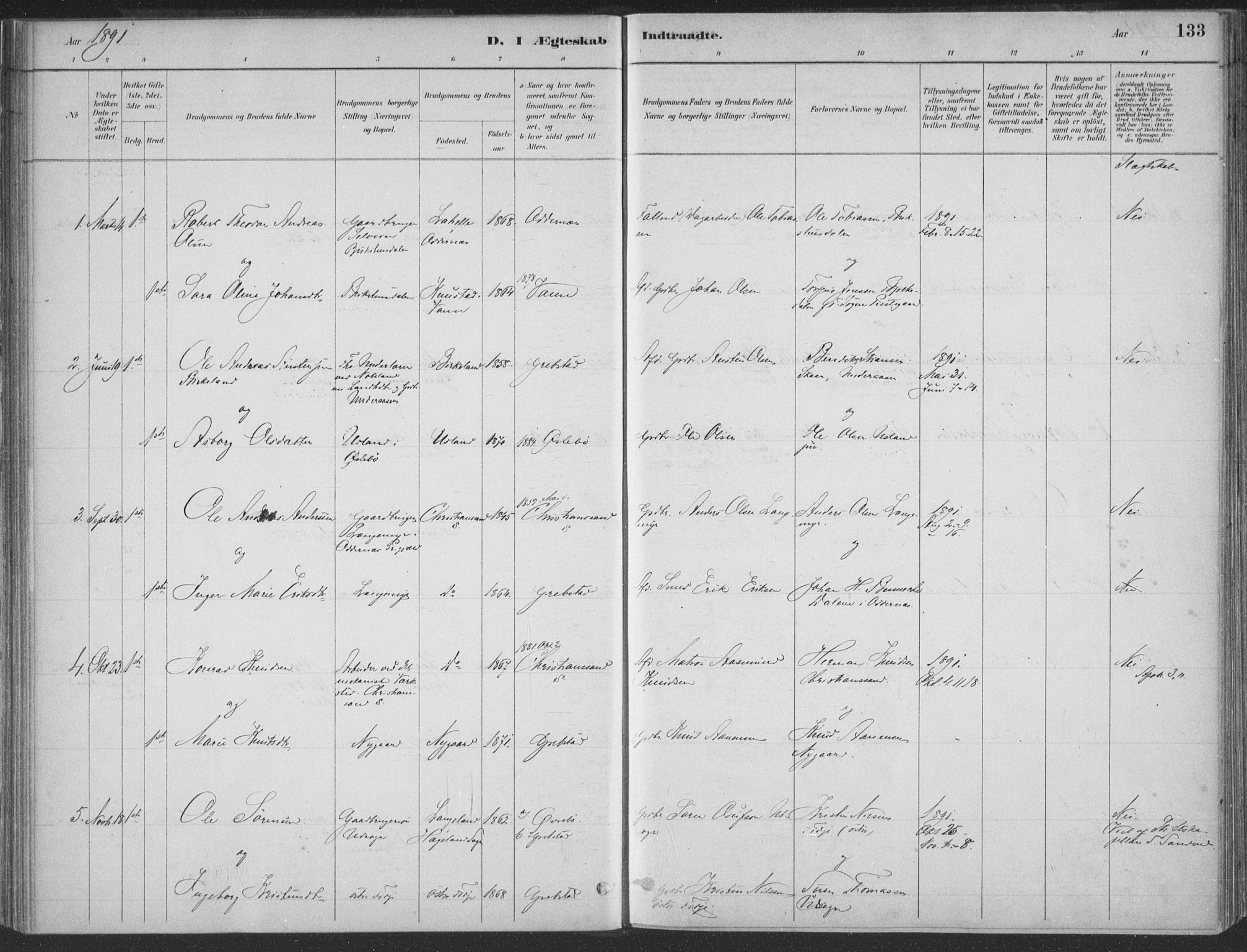 Søgne sokneprestkontor, SAK/1111-0037/F/Fa/Faa/L0003: Parish register (official) no. A 3, 1883-1910, p. 133