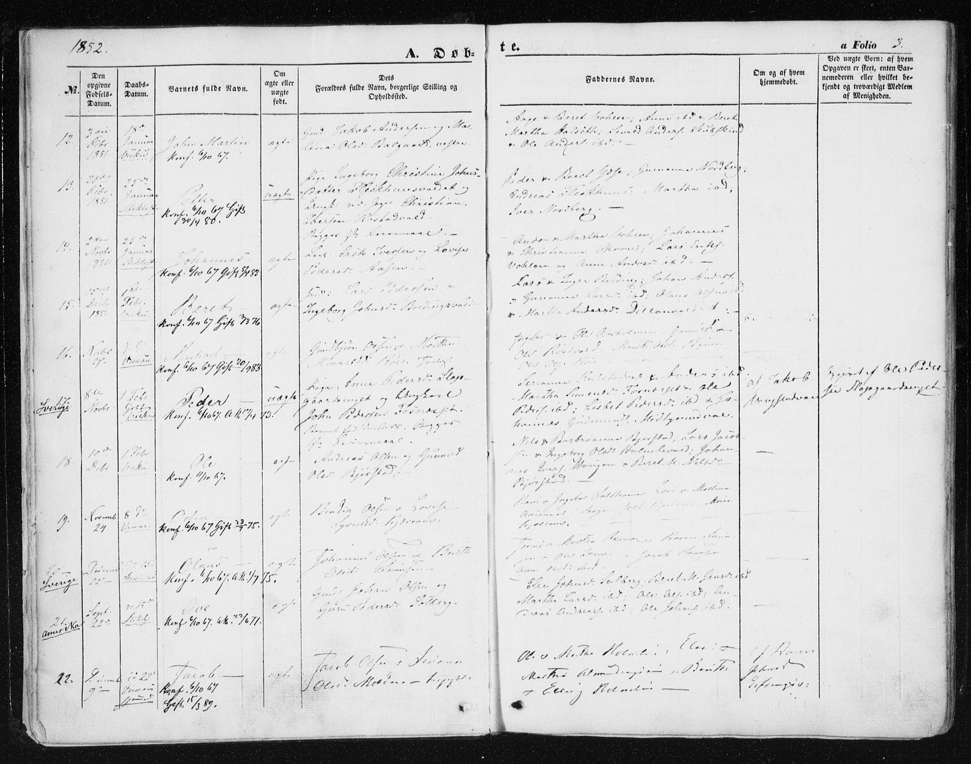 Ministerialprotokoller, klokkerbøker og fødselsregistre - Nord-Trøndelag, SAT/A-1458/723/L0240: Parish register (official) no. 723A09, 1852-1860, p. 3