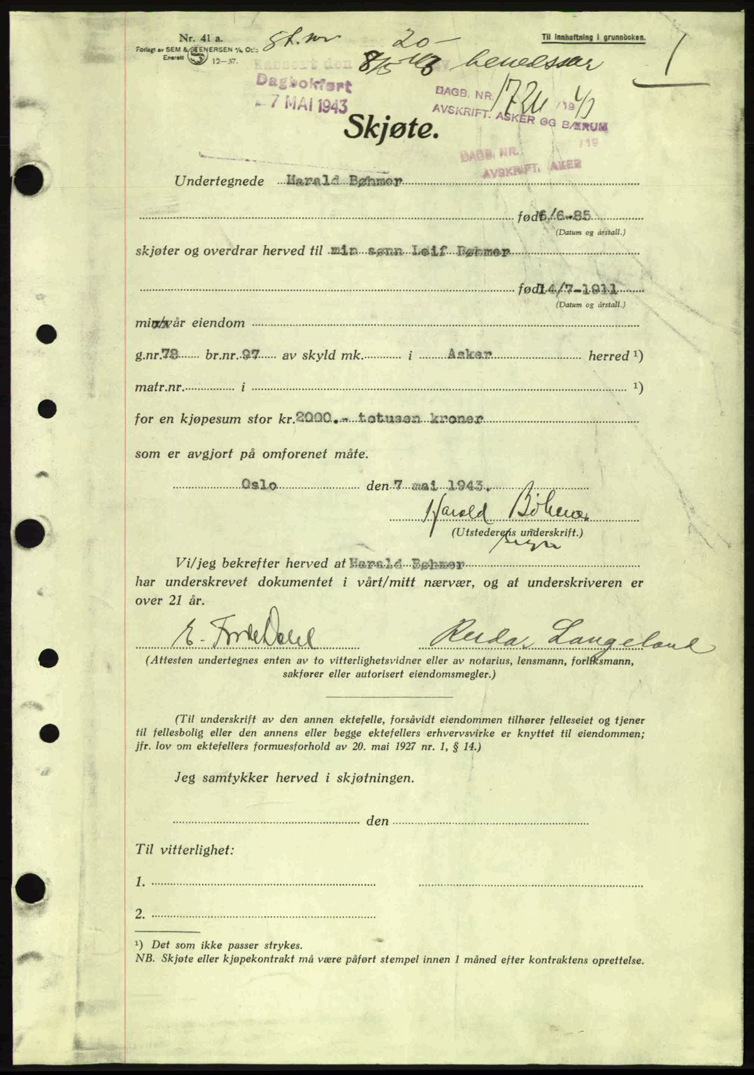 Aker herredsskriveri, AV/SAO-A-10896/G/Gb/Gbb/Gbbb/L0027: Mortgage book no. A73, 1943-1943, Diary no: : 1726/1943