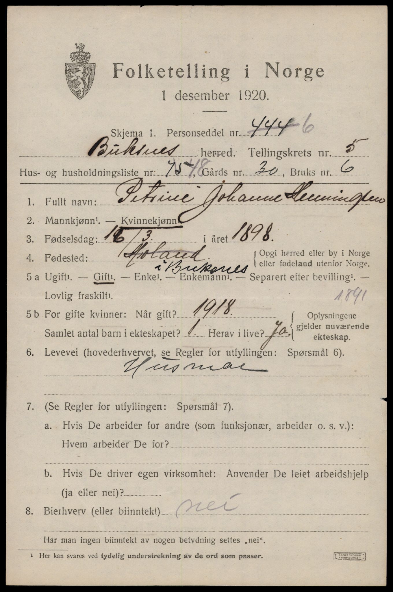 SAT, 1920 census for Buksnes, 1920, p. 5963