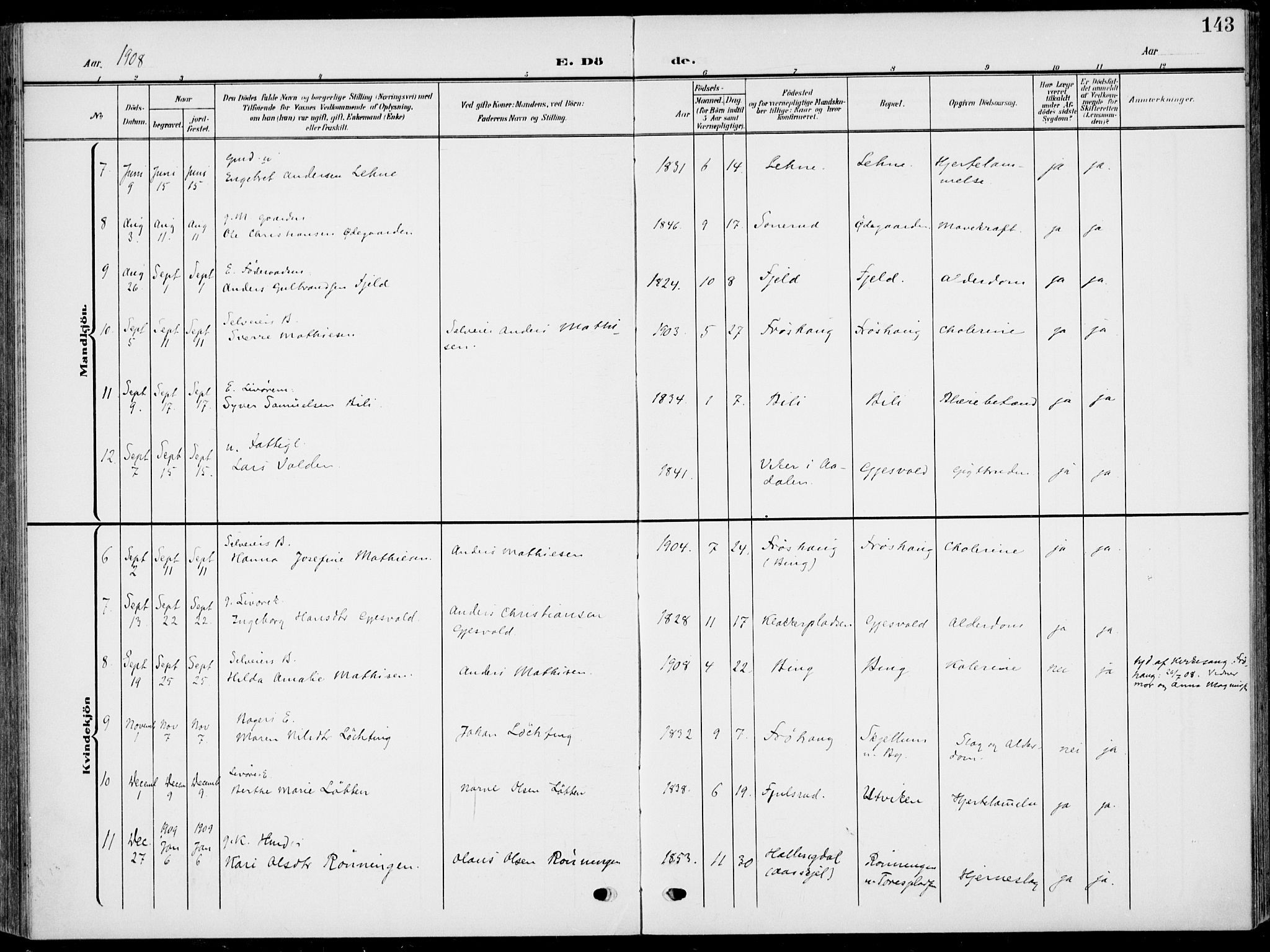 Hole kirkebøker, SAKO/A-228/F/Fa/L0010: Parish register (official) no. I 10, 1907-1917, p. 143