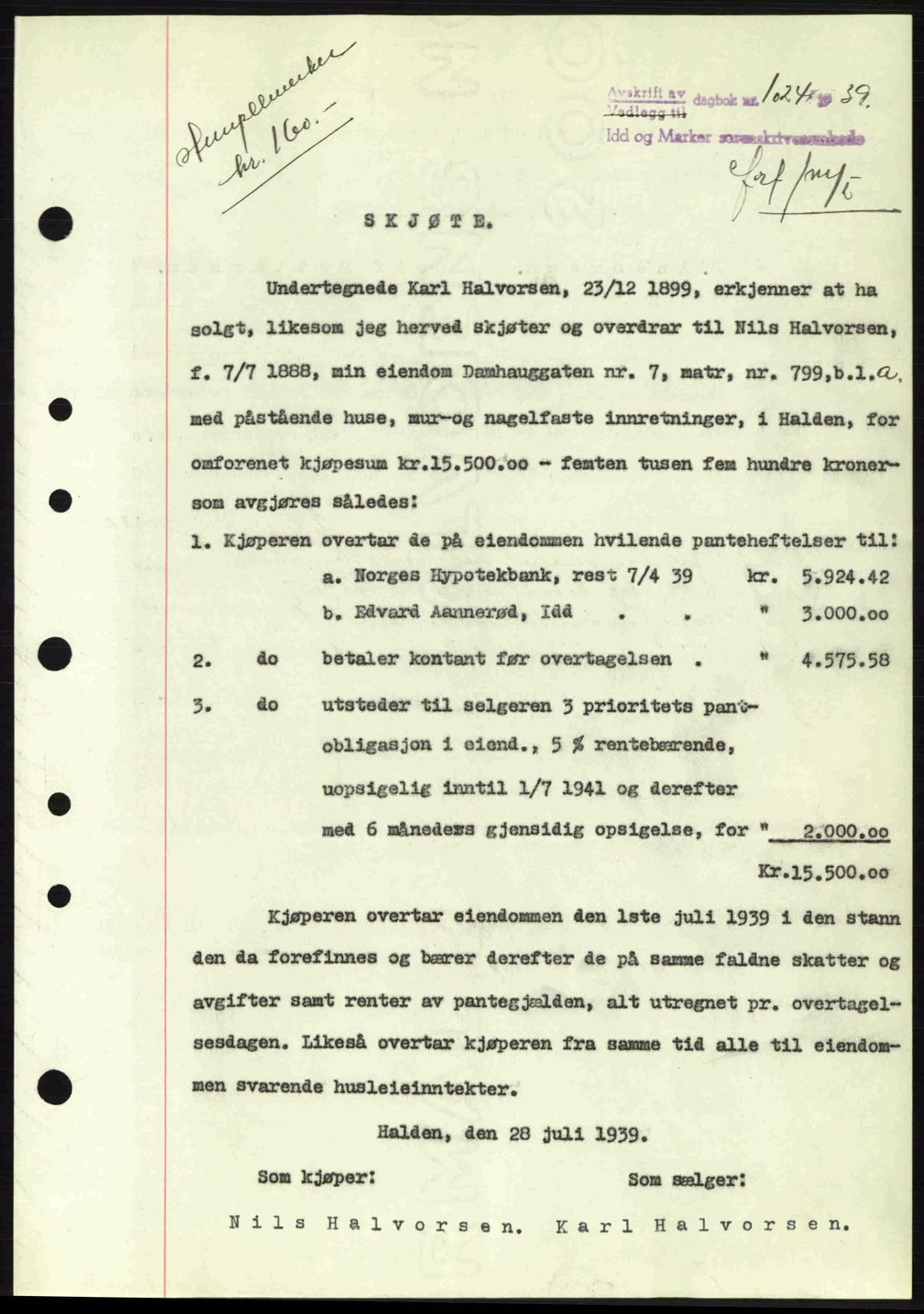Idd og Marker sorenskriveri, AV/SAO-A-10283/G/Gb/Gbb/L0003: Mortgage book no. A3, 1938-1939, Diary no: : 1024/1939