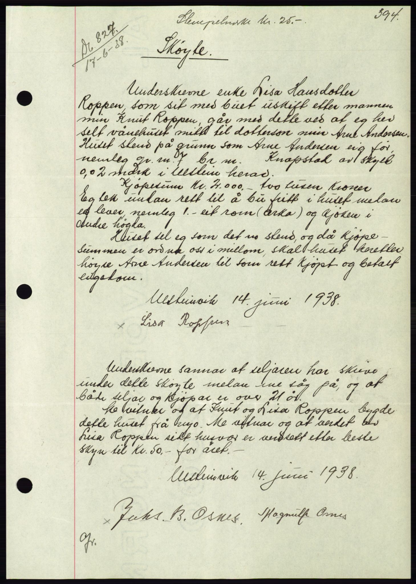 Søre Sunnmøre sorenskriveri, AV/SAT-A-4122/1/2/2C/L0065: Mortgage book no. 59, 1938-1938, Diary no: : 827/1938