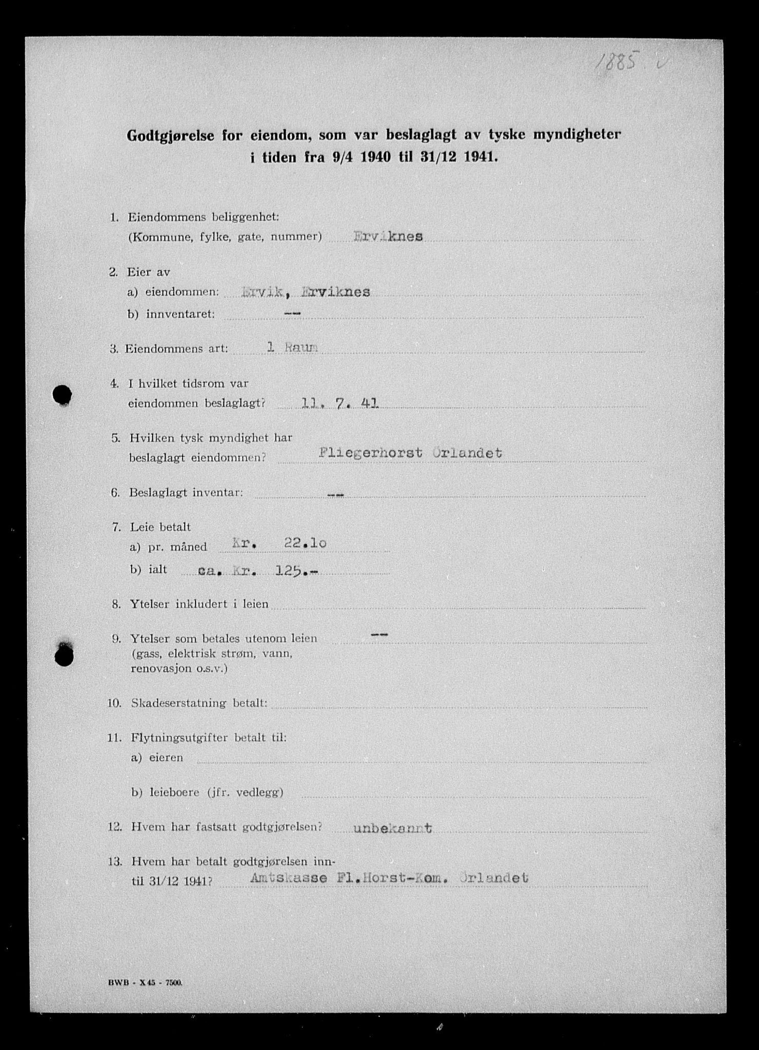 Justisdepartementet, Tilbakeføringskontoret for inndratte formuer, RA/S-1564/I/L1018: Godtgjørelse for beslaglagt eiendom, 1940-1941, p. 248