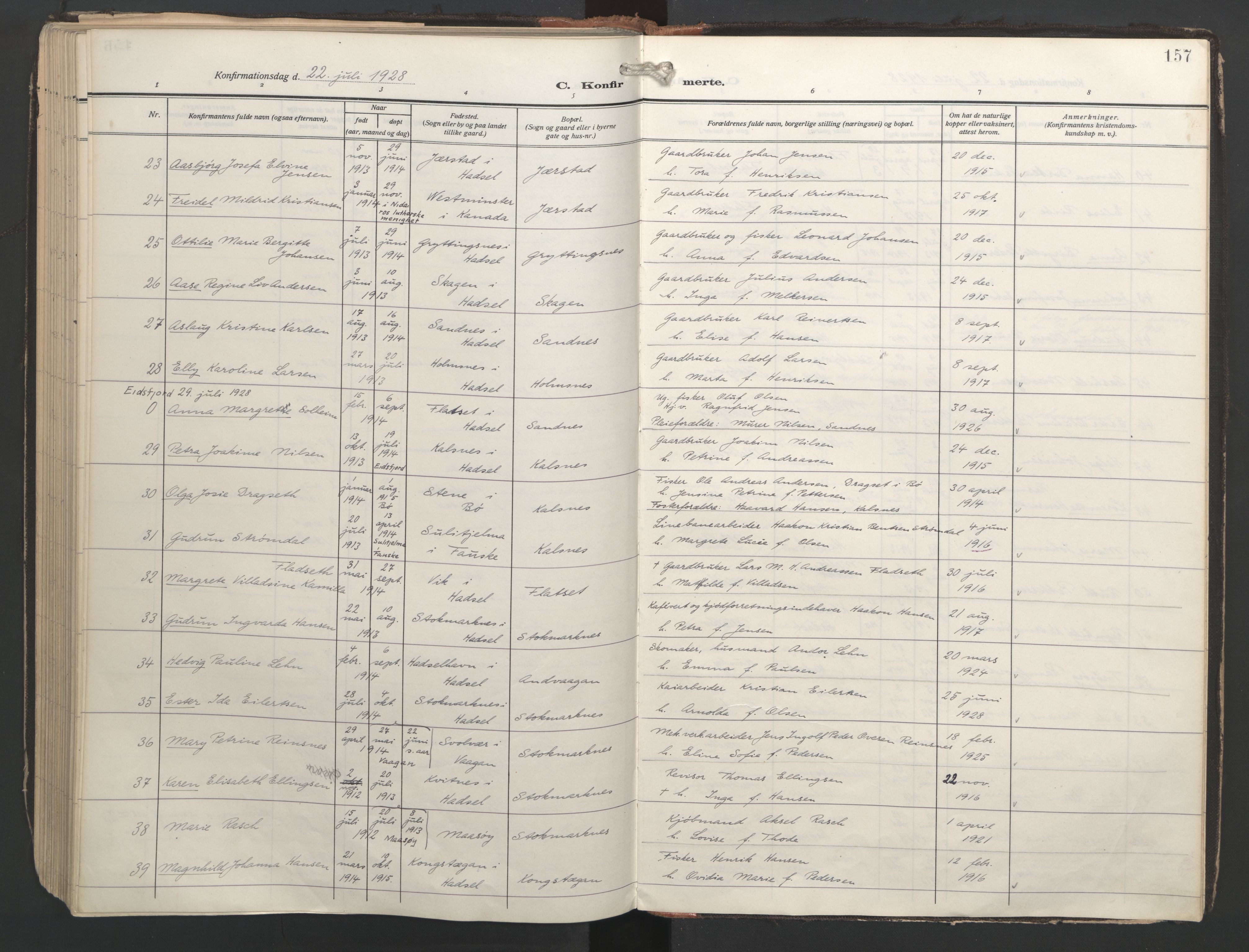 Ministerialprotokoller, klokkerbøker og fødselsregistre - Nordland, SAT/A-1459/888/L1249: Parish register (official) no. 888A15, 1911-1929, p. 157