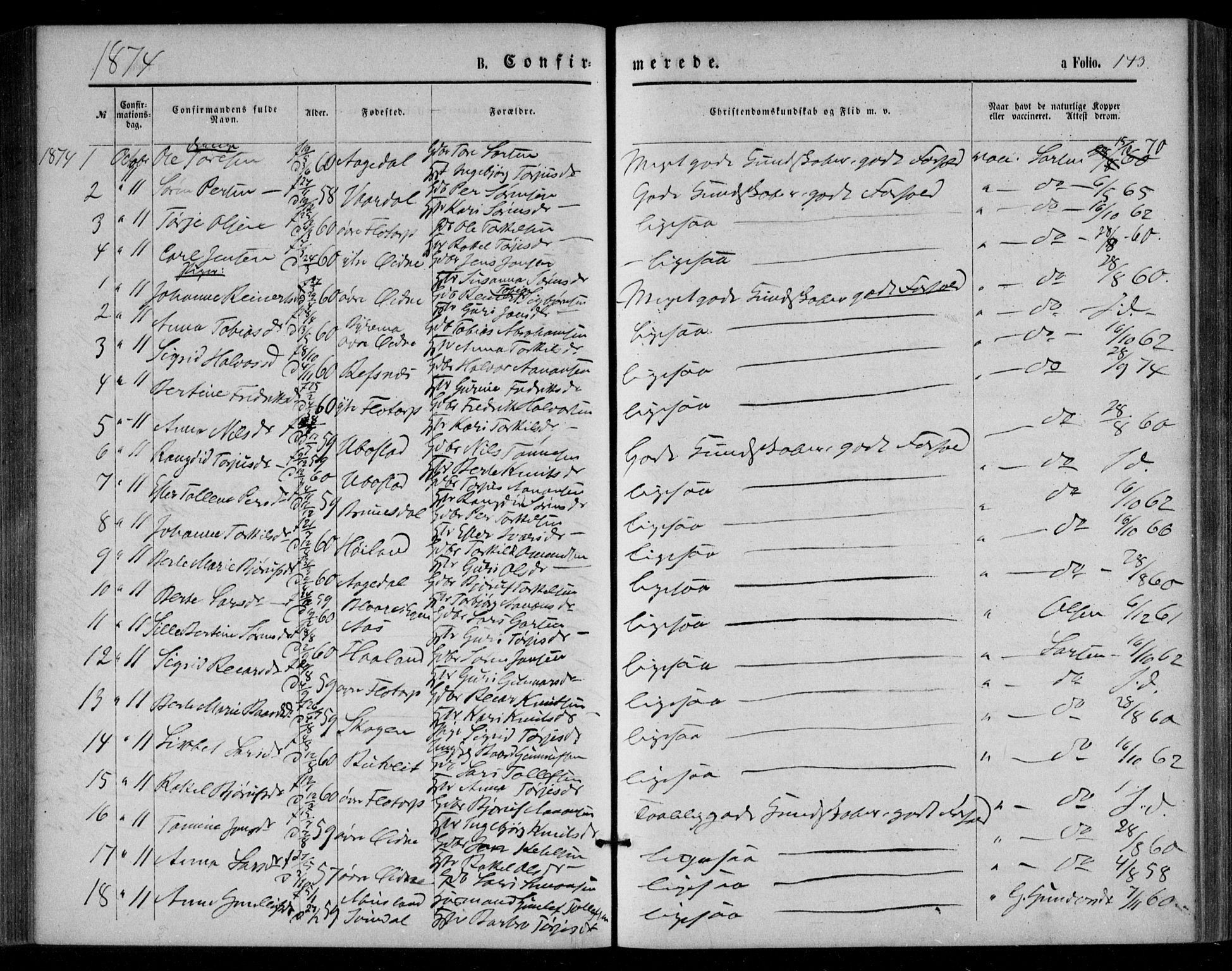 Bjelland sokneprestkontor, SAK/1111-0005/F/Fa/Fac/L0002: Parish register (official) no. A 2, 1866-1887, p. 143