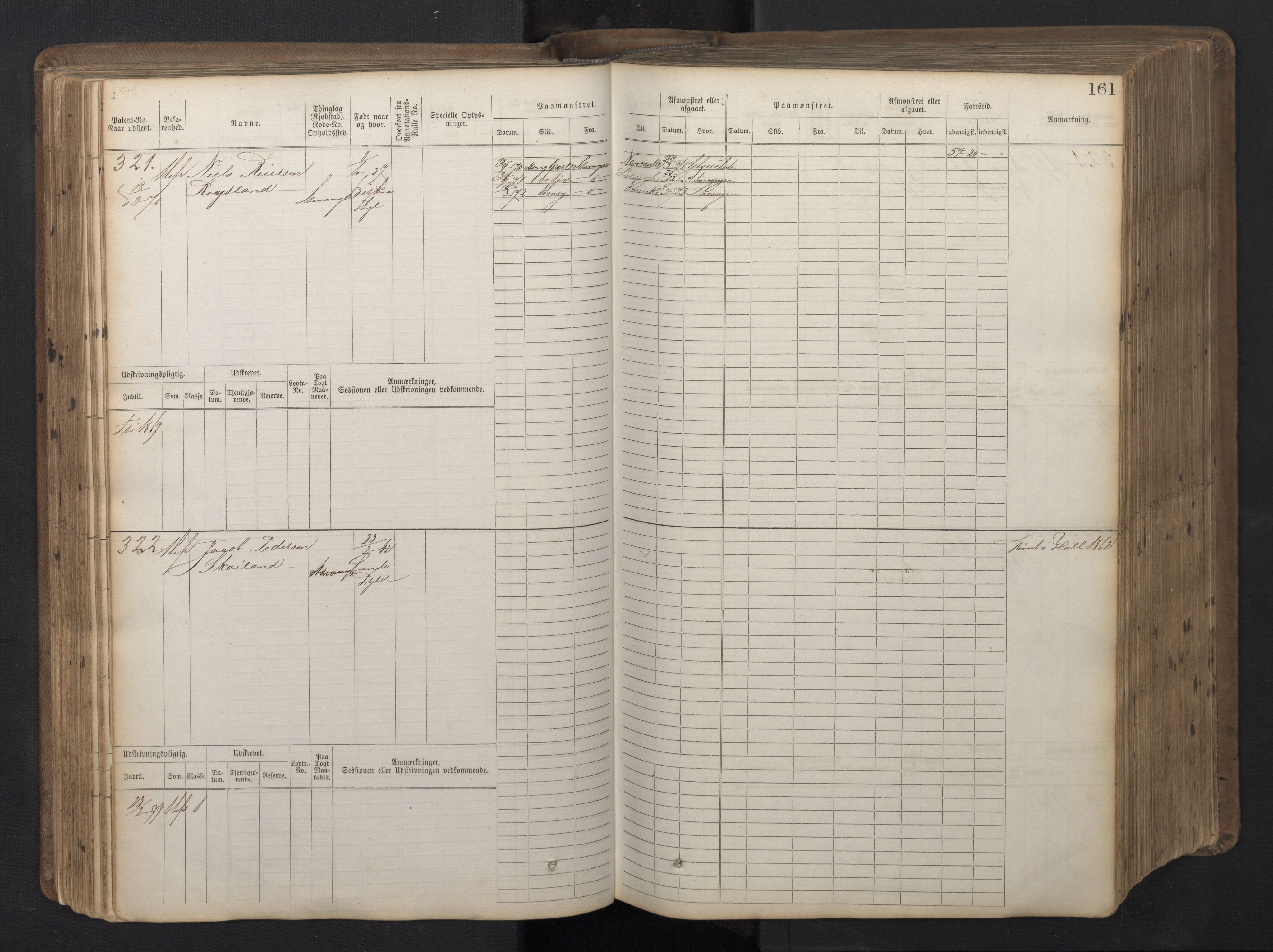 Stavanger sjømannskontor, AV/SAST-A-102006/F/Fb/Fbb/L0016: Sjøfartshovedrulle patnentnr. 1-1202 (dublett), 1869, p. 161